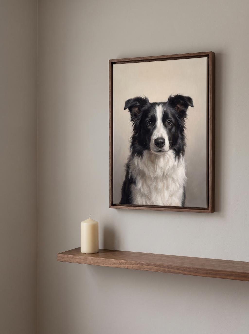 A Forever Light memorial portrait framed above a narrow shelf with a candle