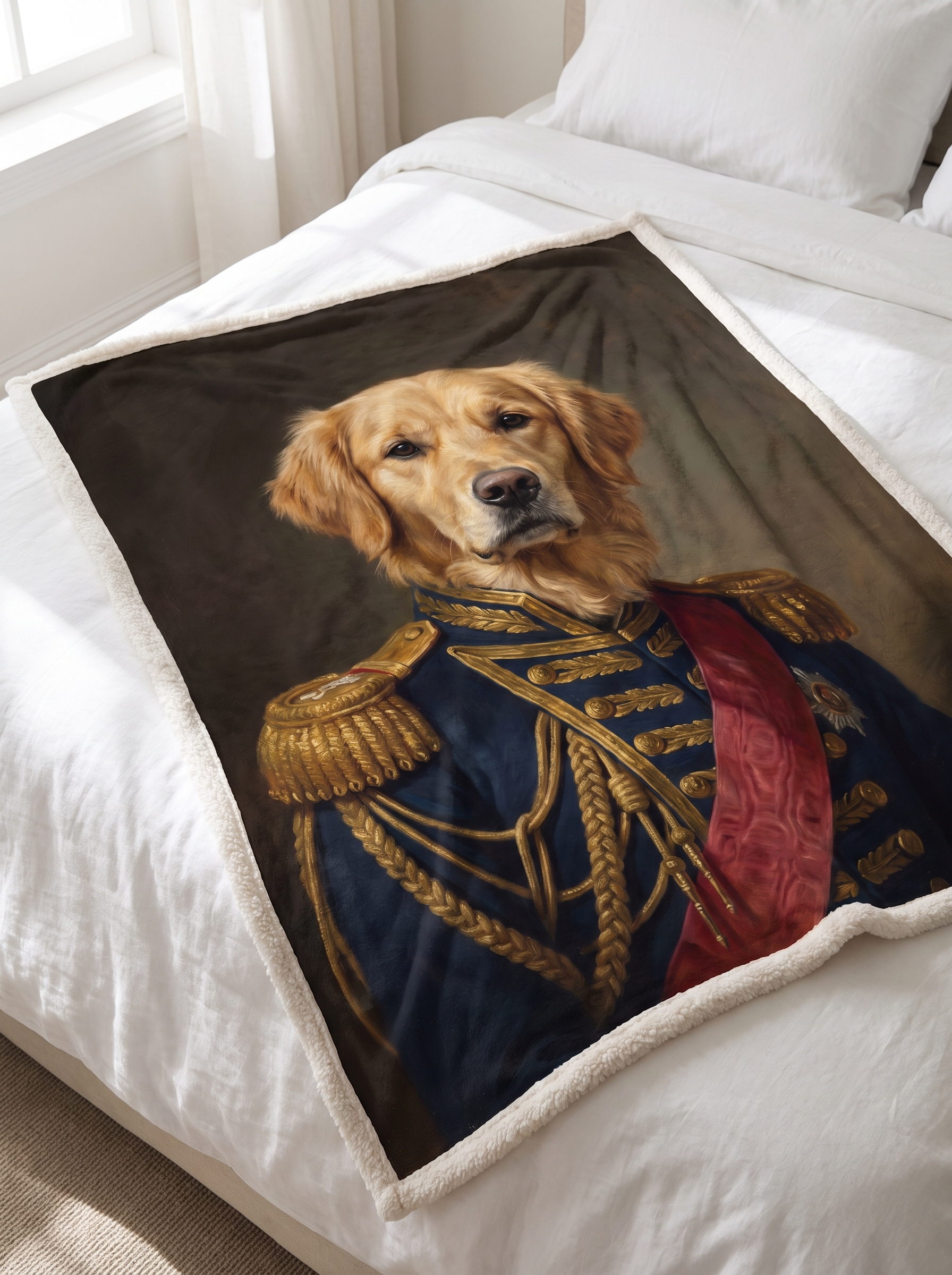 The pet portrait sherpa blanket spread across the foot of a bed