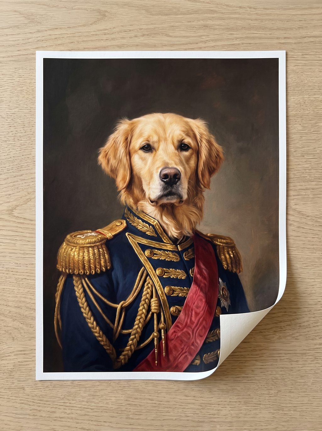 A matte paper pet portrait print lying unframed on a table