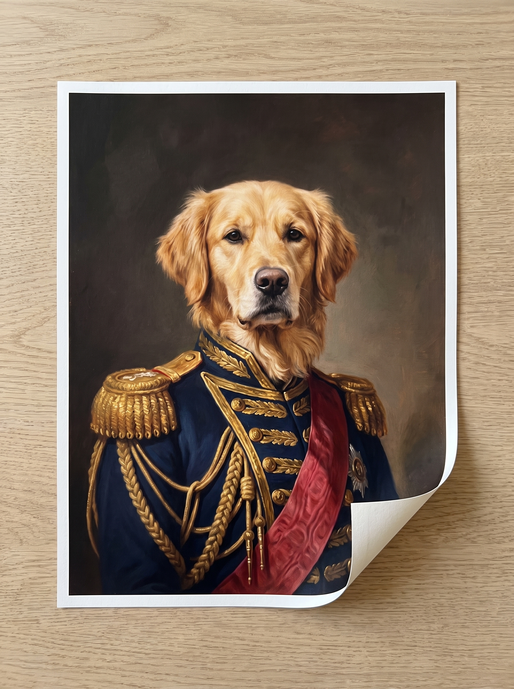 A matte paper pet portrait print lying unframed on a table