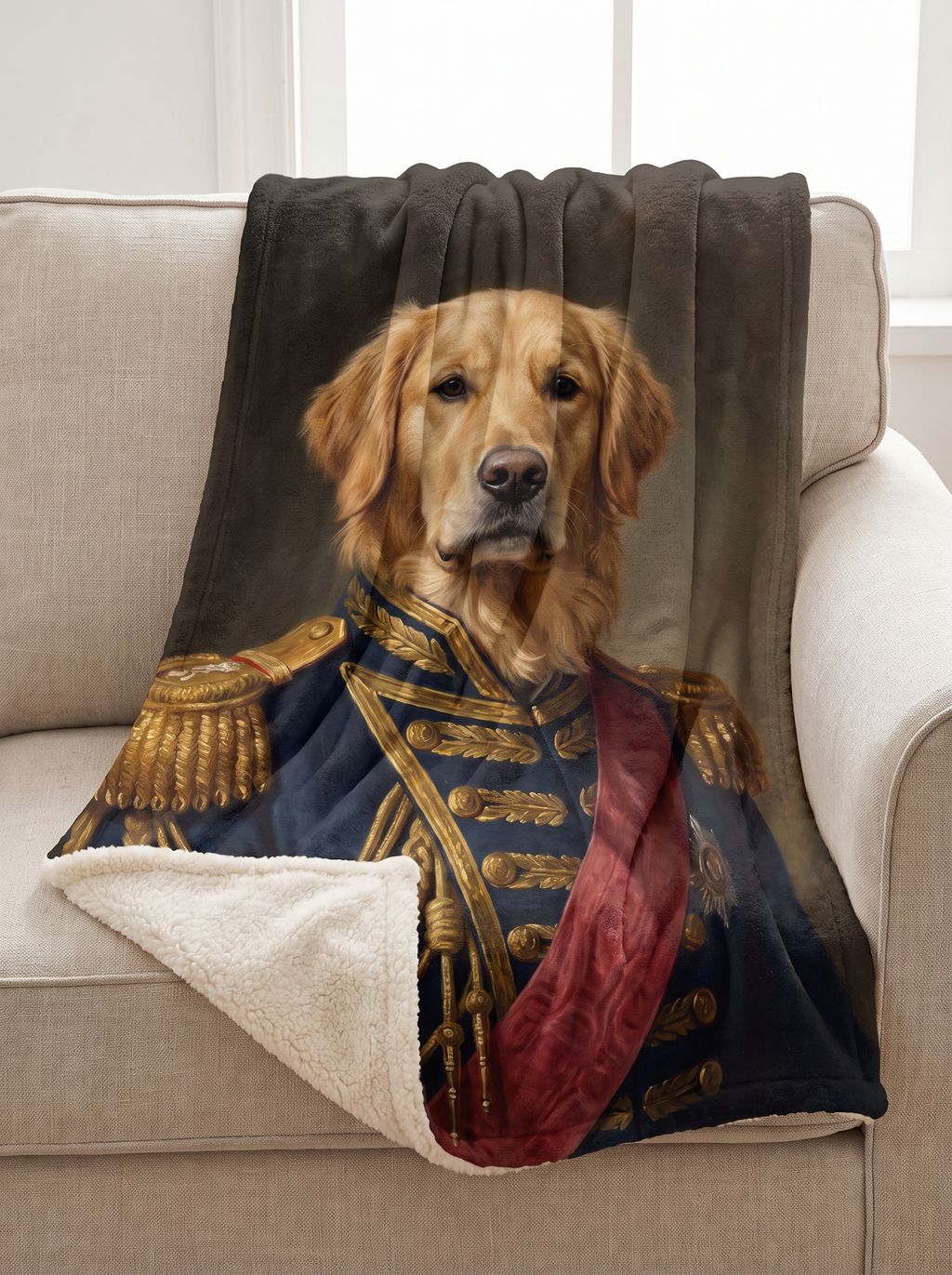 A sherpa blanket with a pet portrait printed across it, draped over a sofa