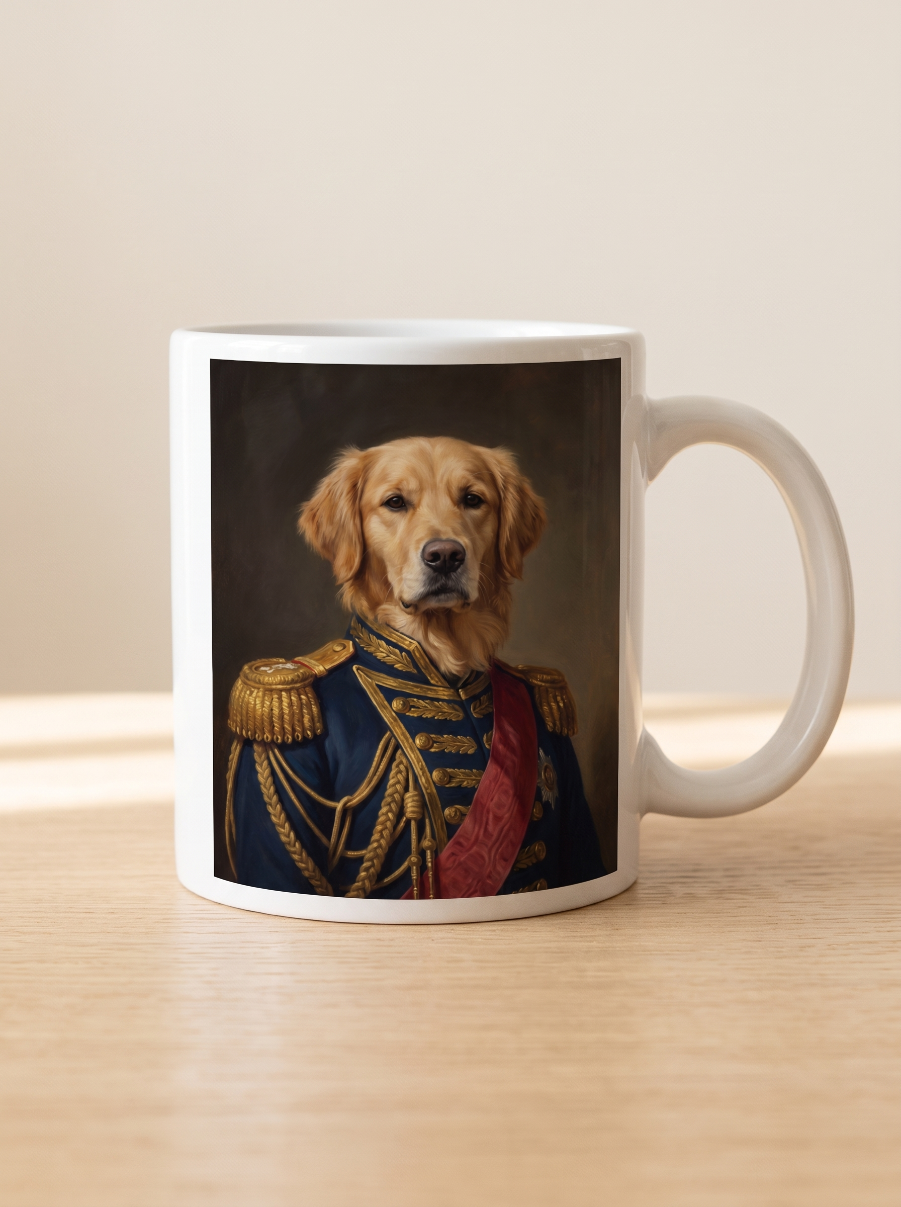 An 11 oz white ceramic mug with a pet portrait printed on the side