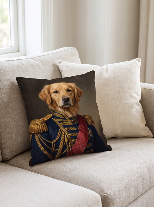 The pet portrait pillow resting in the corner of a linen sofa