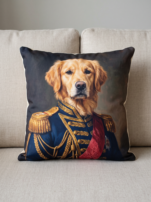 An 18 inch square pillow with a pet portrait printed on the front