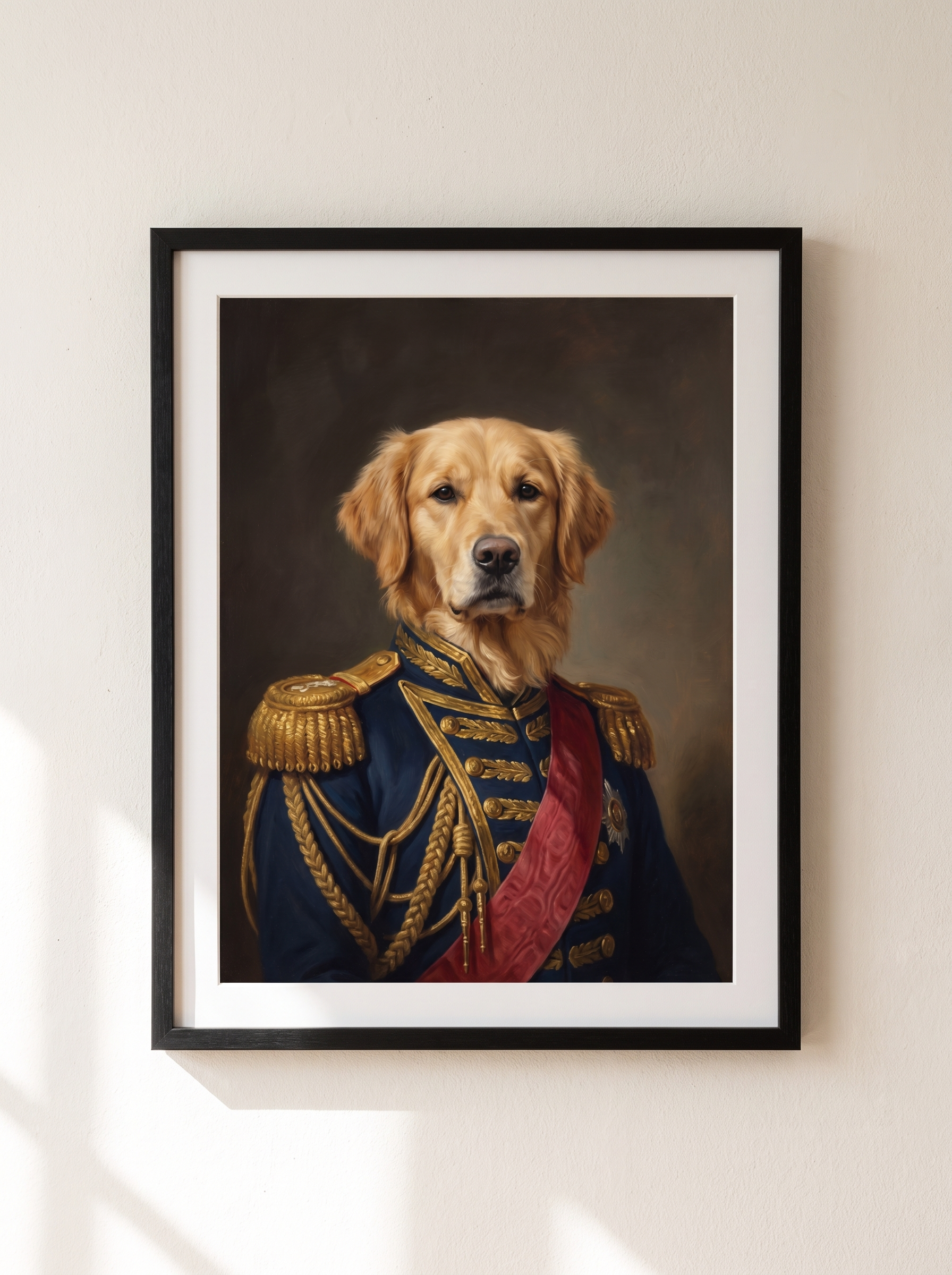 The pet portrait poster in a simple black frame on a wall