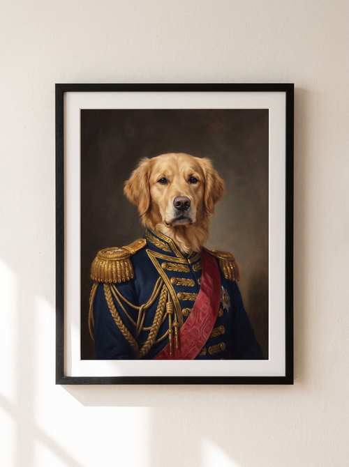The pet portrait poster in a simple black frame on a wall