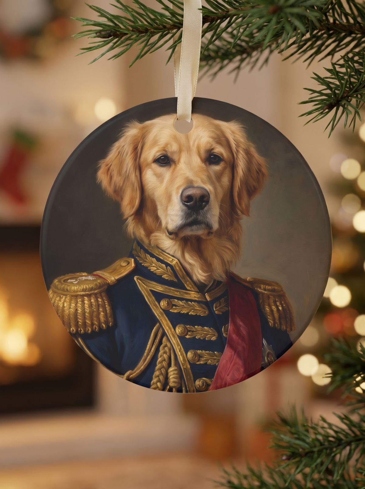 The pet portrait ornament hanging on a fir branch
