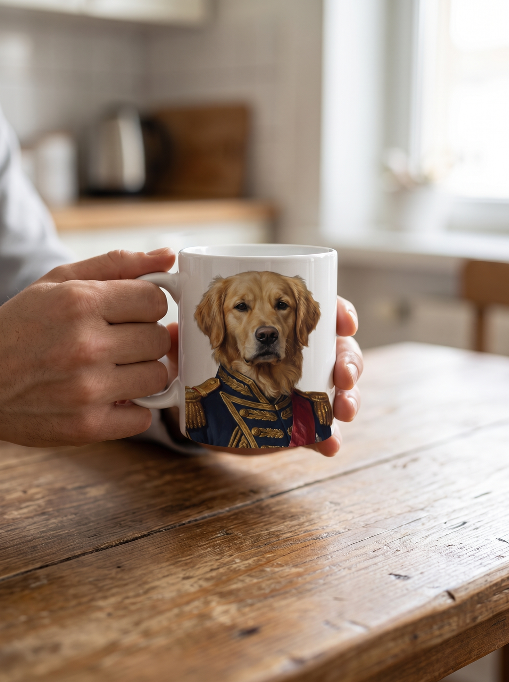 The pet portrait mug held in two hands at a kitchen table