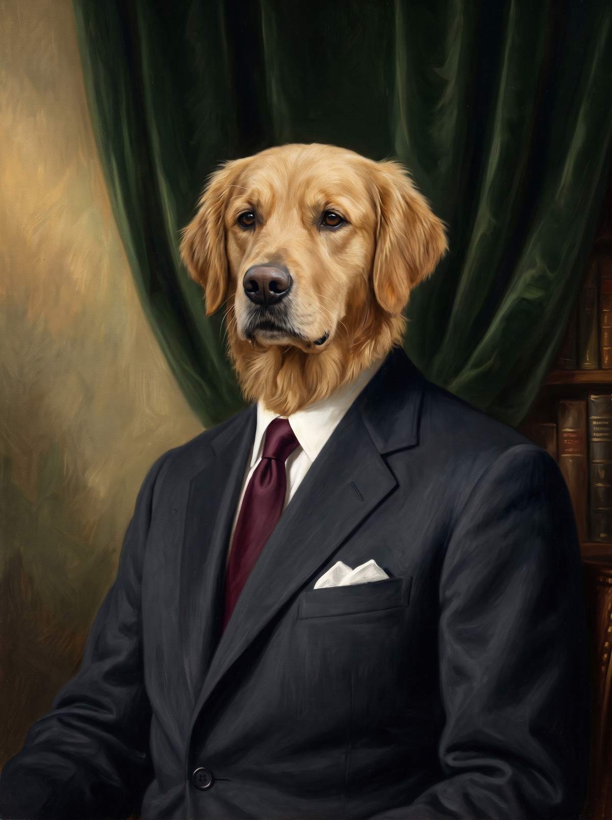 A dog in the President portrait style: charcoal-navy suit, white collar and a burgundy tie