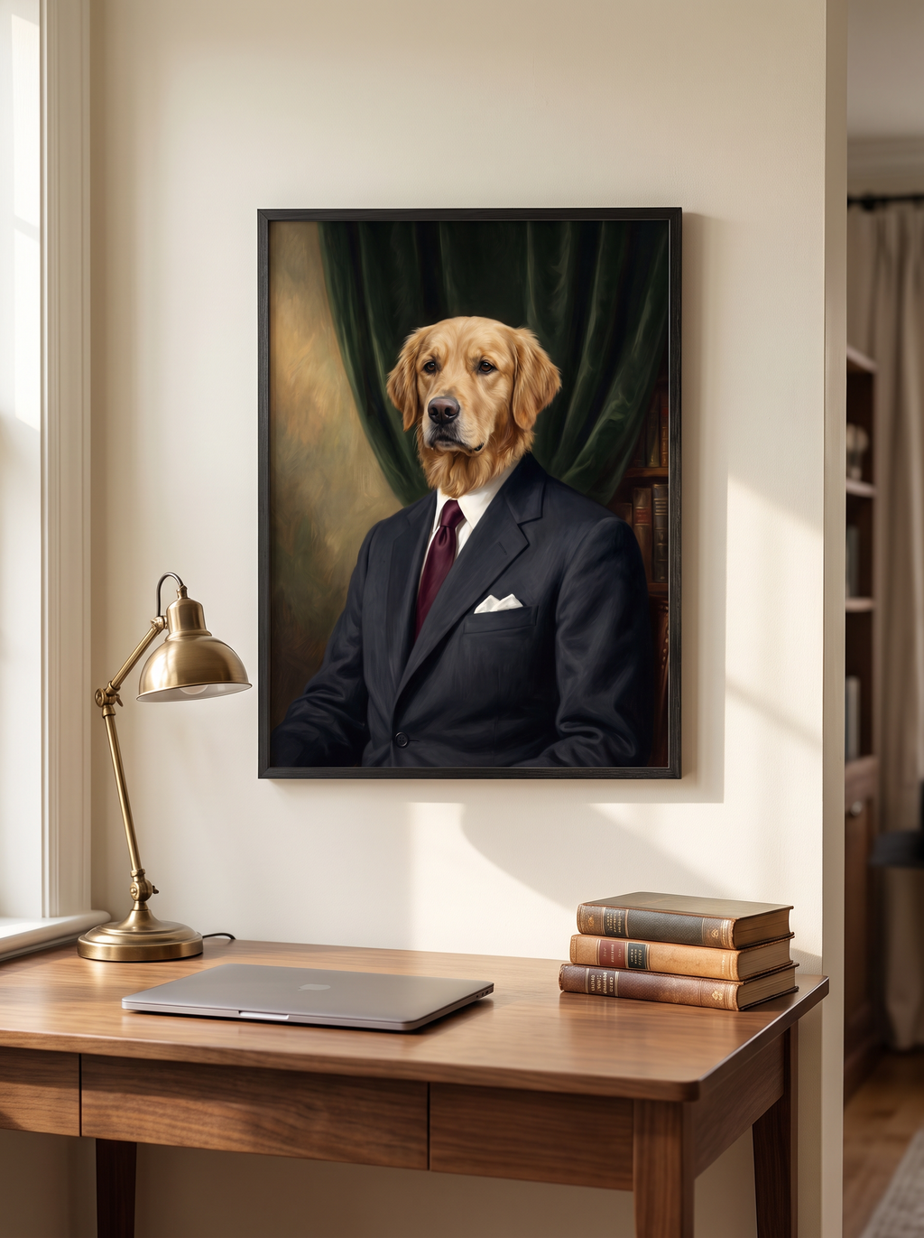 The President portrait framed above a desk in a home office
