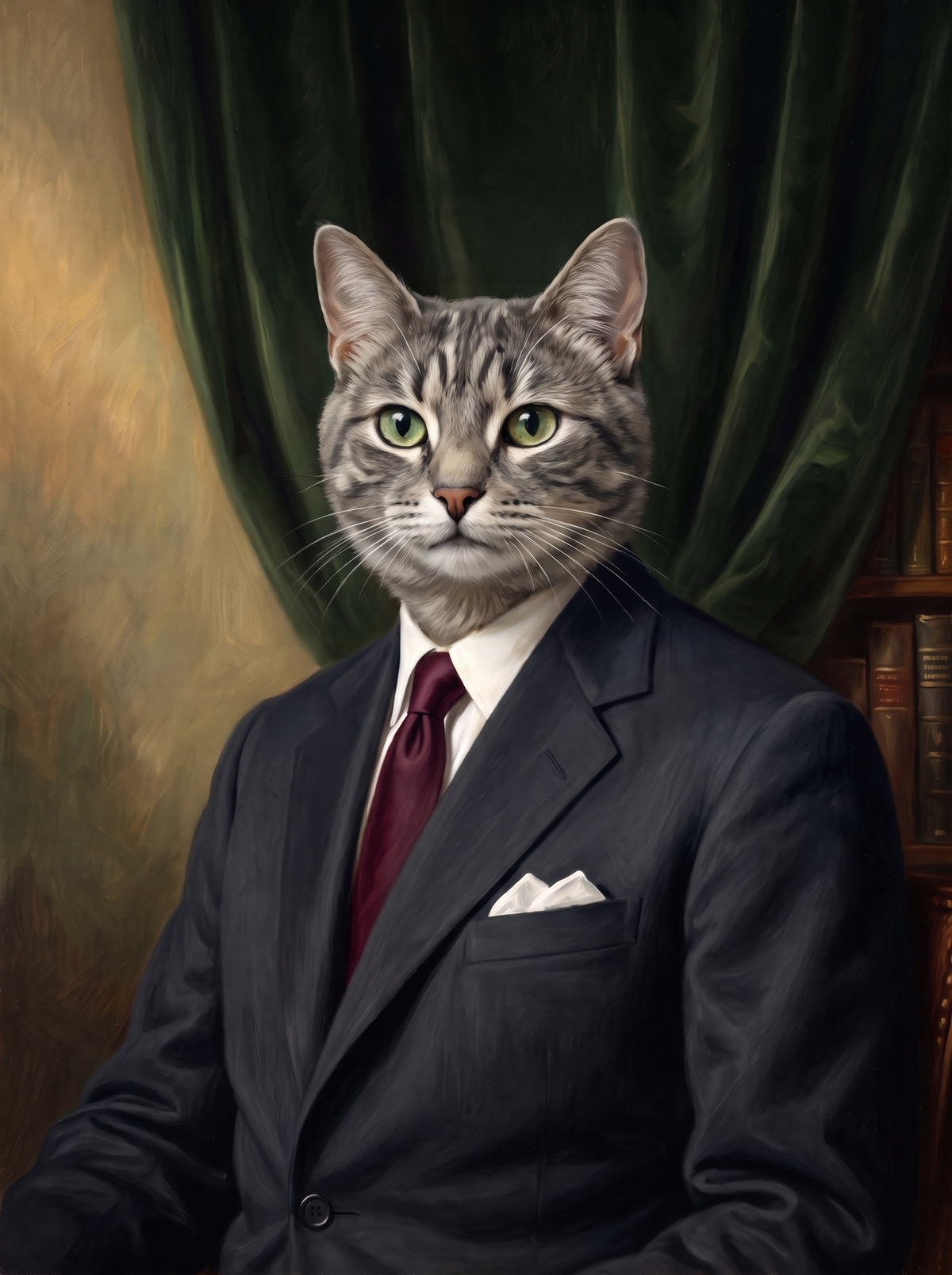 A cat in the President portrait style: charcoal-navy suit, white collar and a burgundy tie
