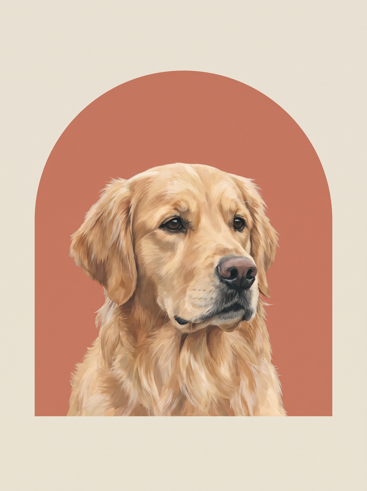 A dog in the Studio Arc portrait style: a flat terracotta arc on a bone ground