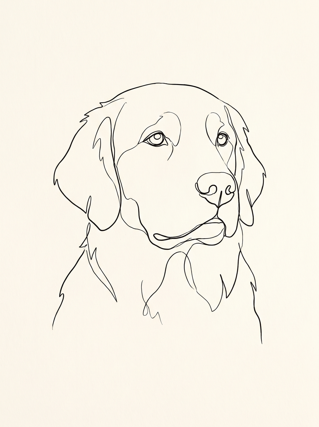 A dog in the Studio Line portrait style: a single ink line on warm paper white