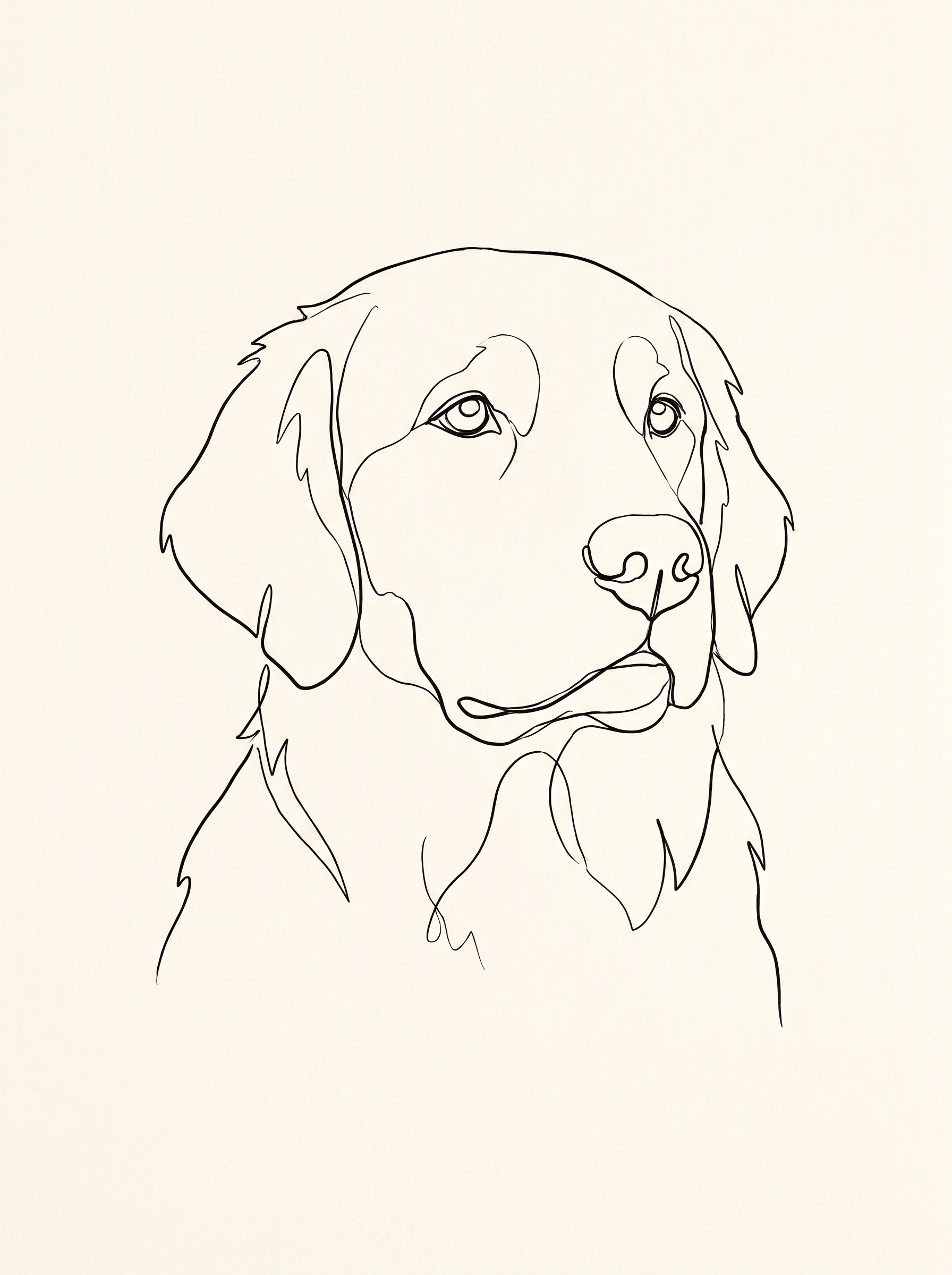 A dog in the Studio Line portrait style: a single ink line on warm paper white