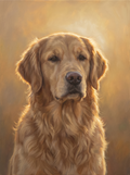 A dog in the Forever Golden Hour memorial style: warm backlight and a soft amber ground