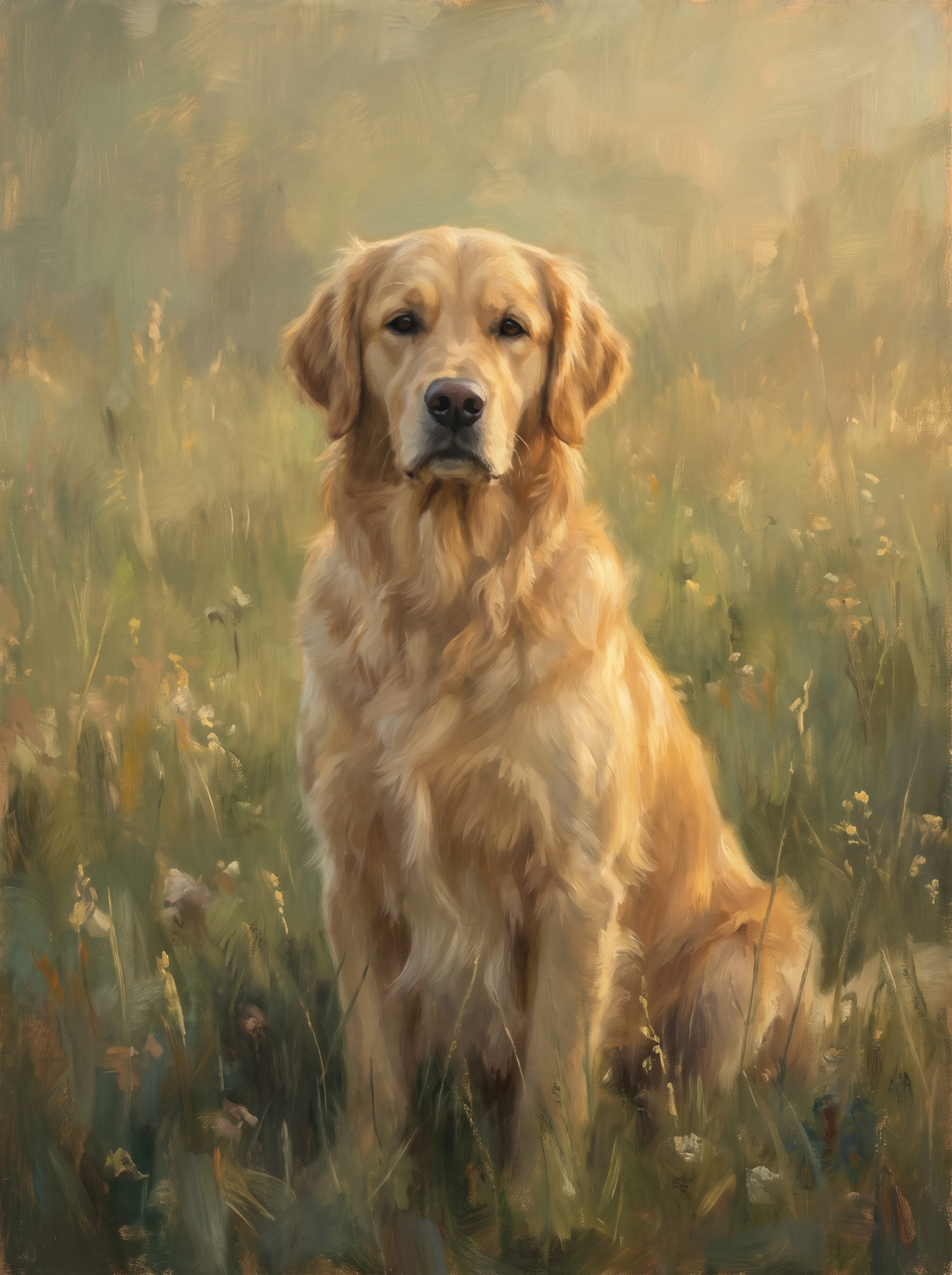 A dog in the Forever Meadow memorial style: sunlit summer grass in warm hazy light