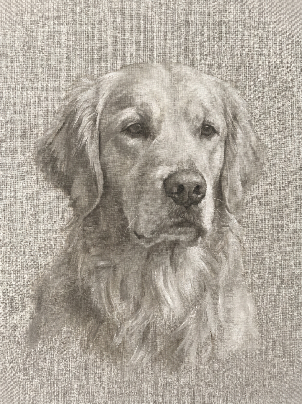 A dog in the Forever Linen memorial style: a near-monochrome portrait on textured linen