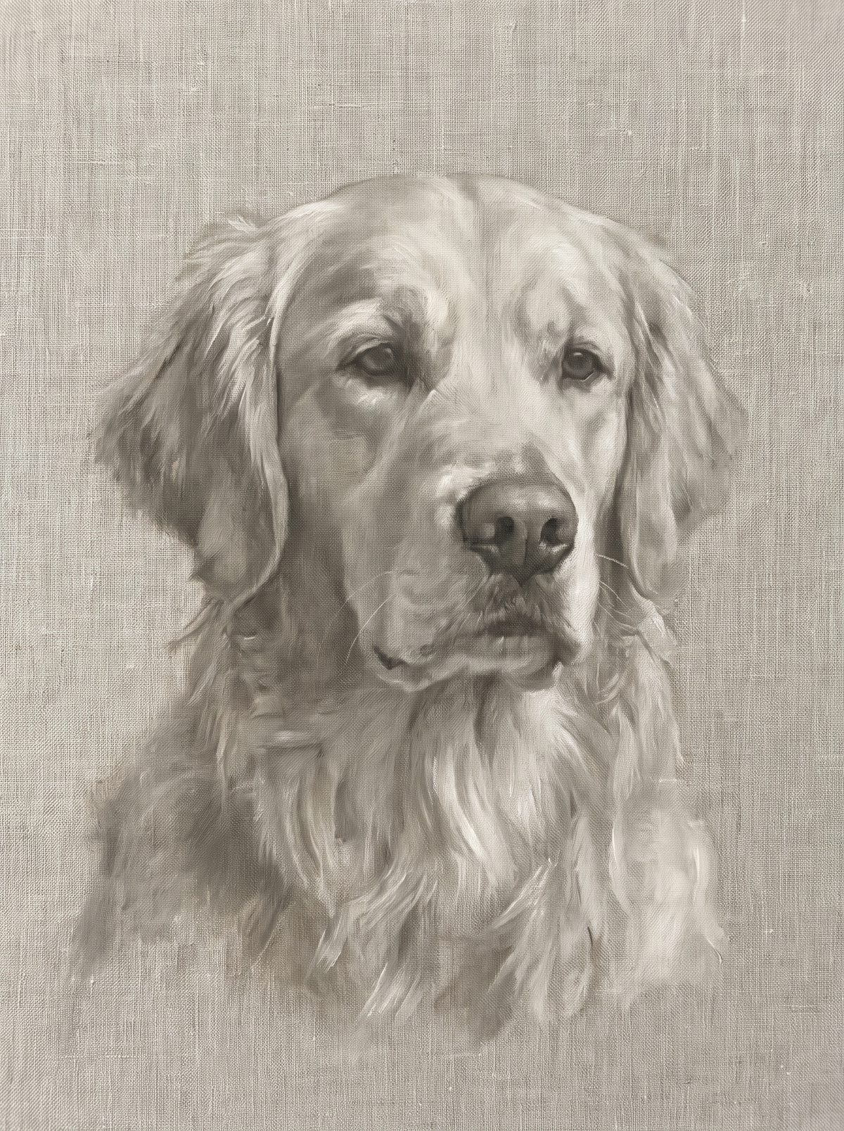 A dog in the Forever Linen memorial style: a near-monochrome portrait on textured linen