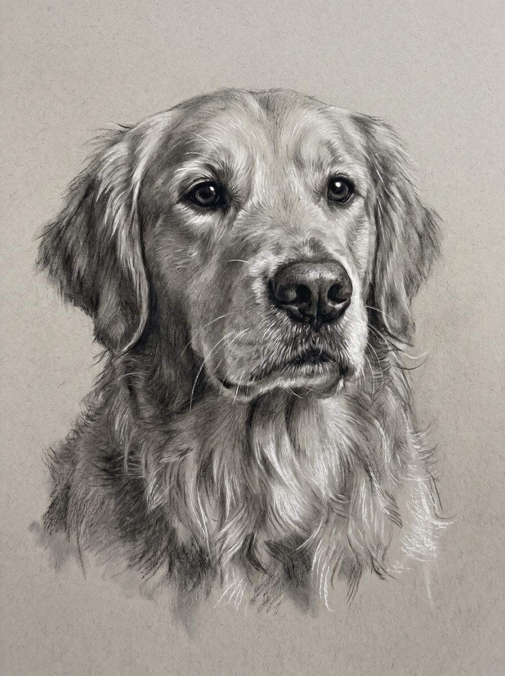 A dog in the Studio Charcoal portrait style: charcoal and graphite on warm grey paper