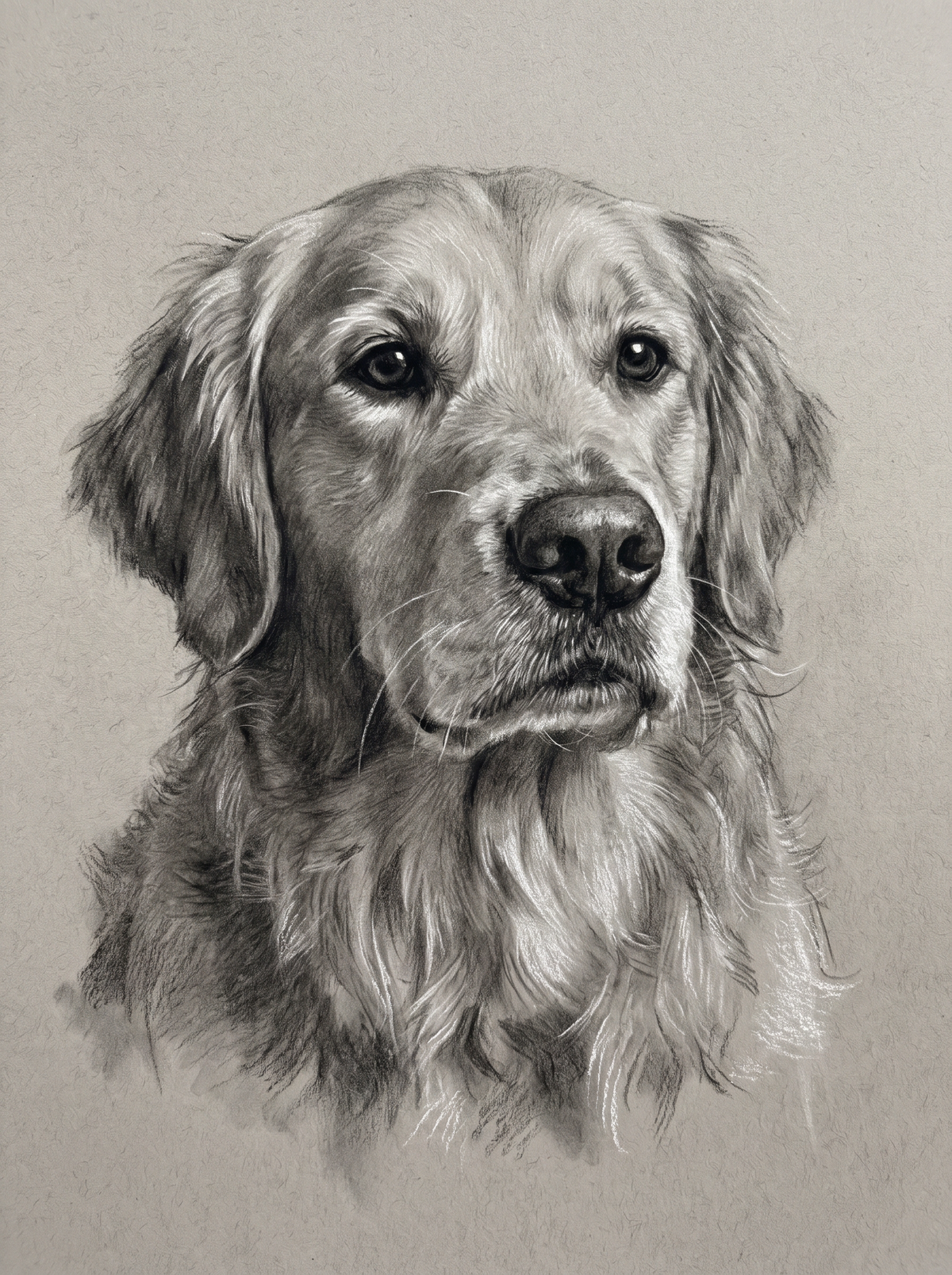 A dog in the Studio Charcoal portrait style: charcoal and graphite on warm grey paper