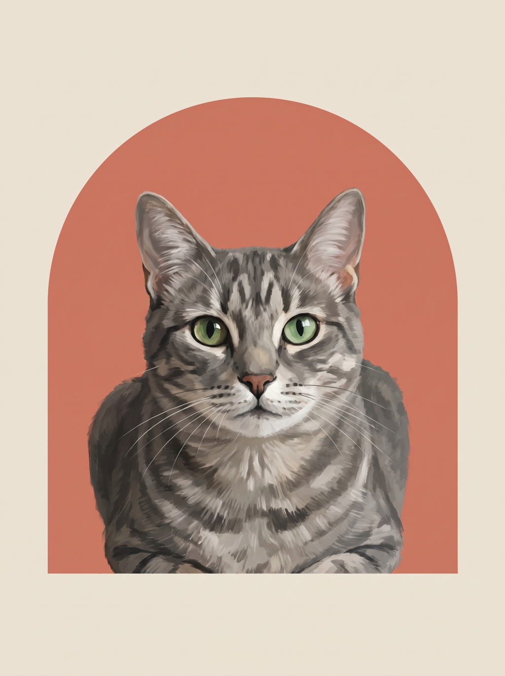 A cat in the Studio Arc portrait style: a flat terracotta arc on a bone ground
