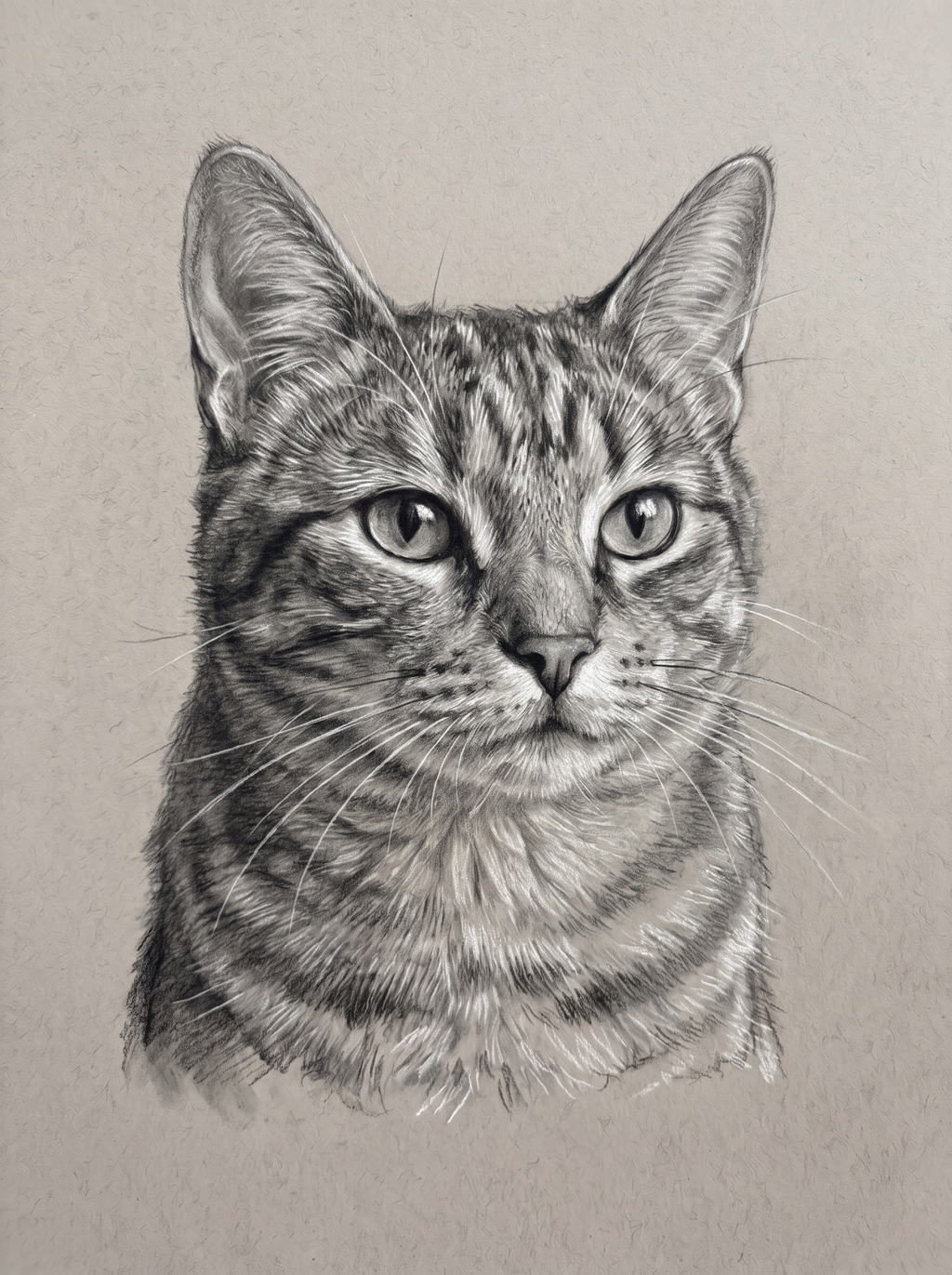 A cat in the Studio Charcoal portrait style: charcoal and graphite on warm grey paper