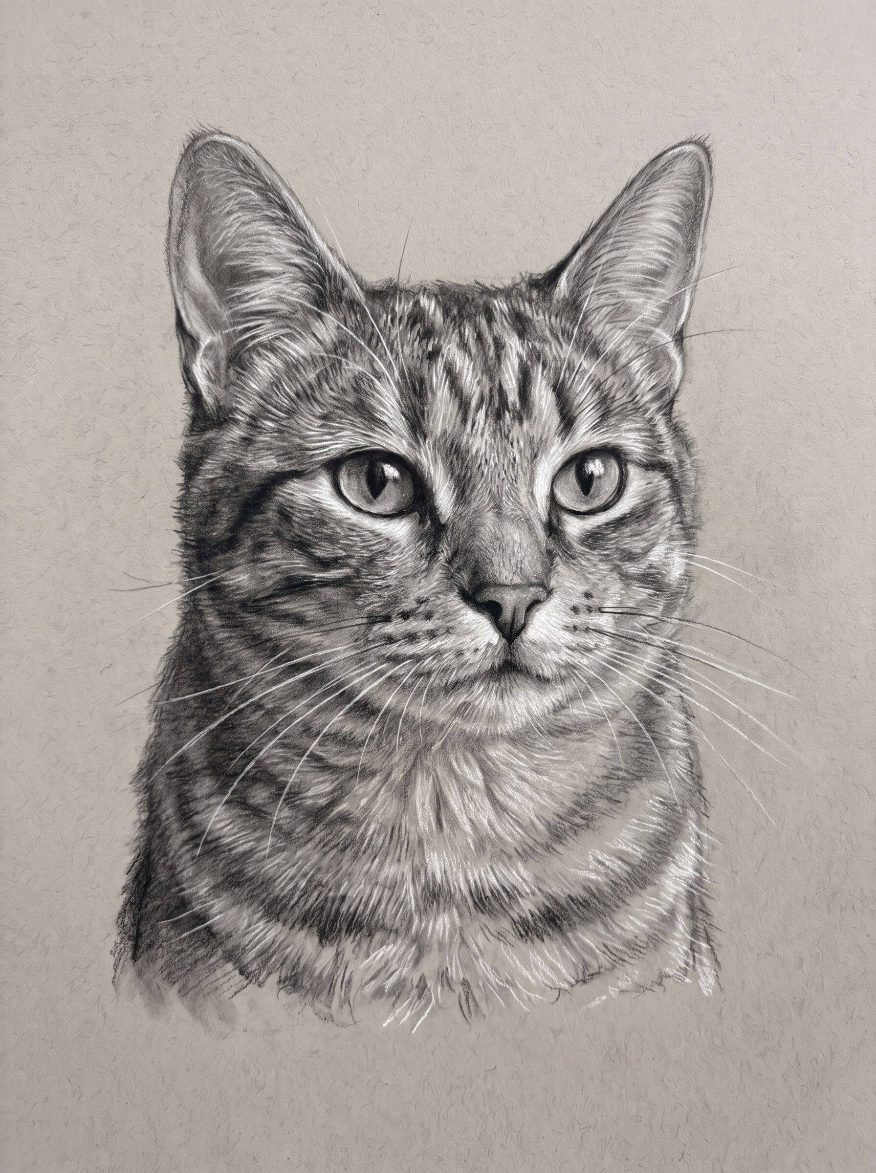 A cat in the Studio Charcoal portrait style: charcoal and graphite on warm grey paper
