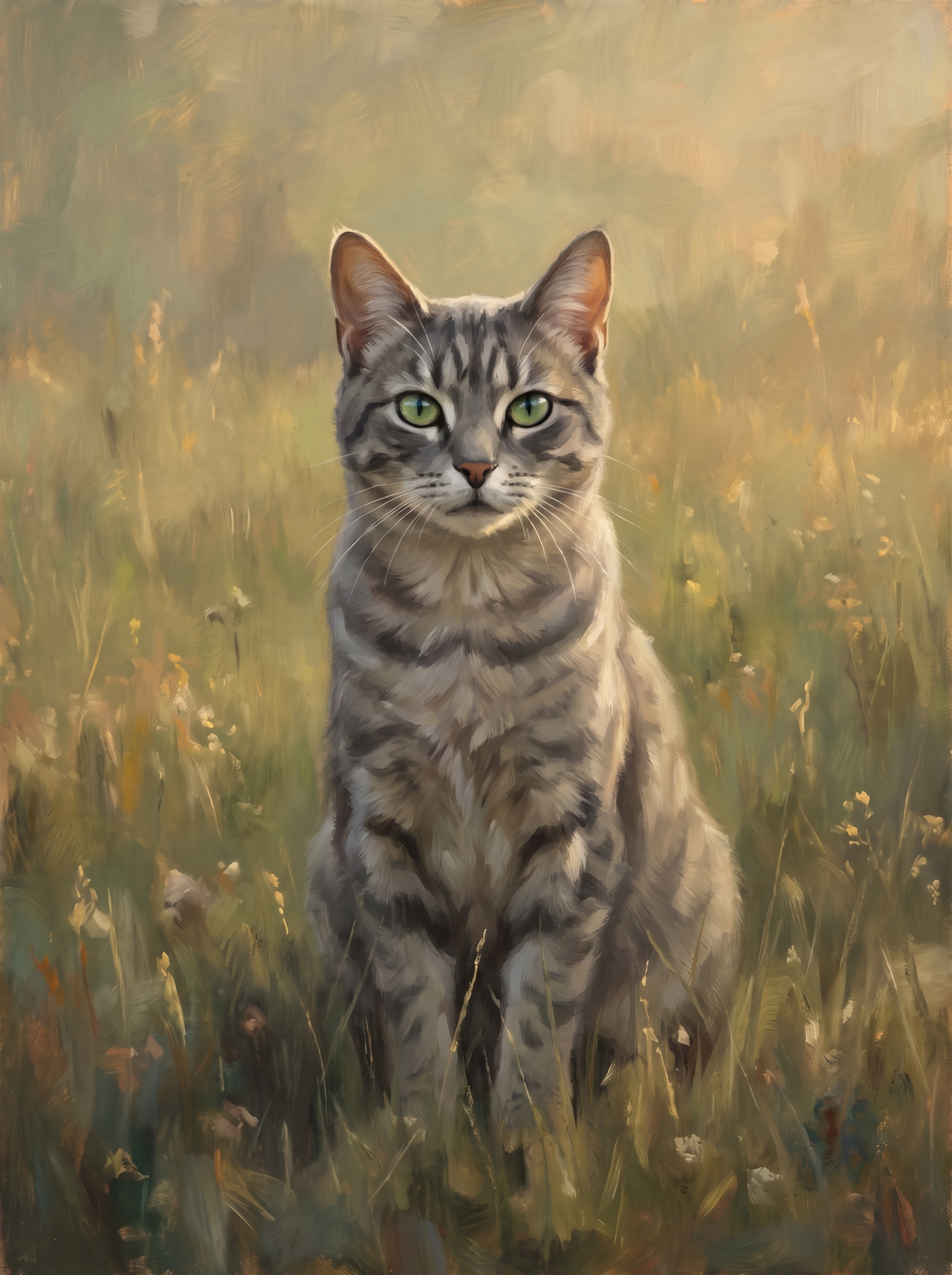 A cat in the Forever Meadow memorial style: sunlit summer grass in warm hazy light