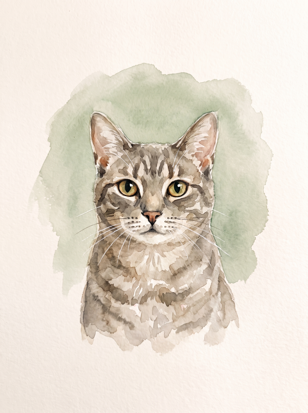 A cat in the Studio Watercolor portrait style: transparent washes on warm paper white