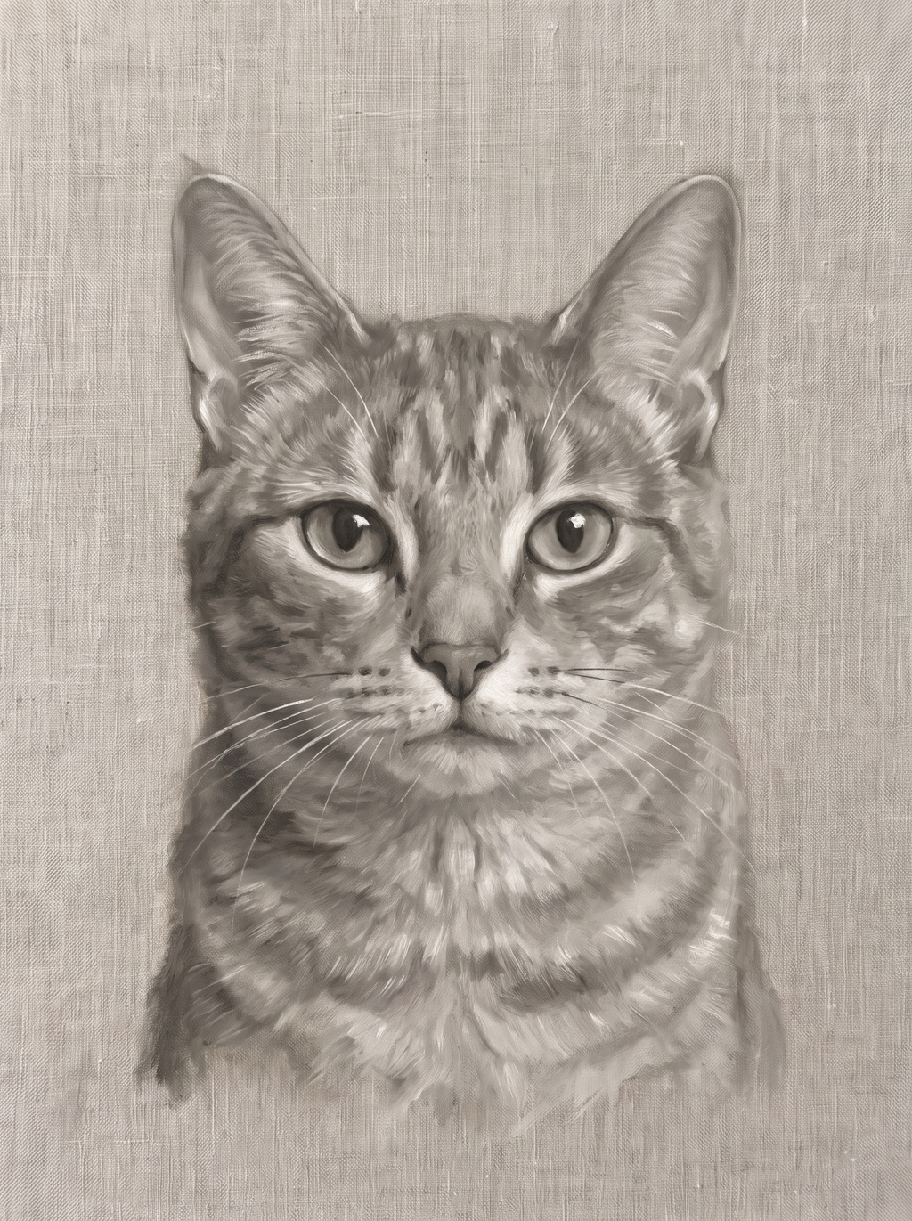 A cat in the Forever Linen memorial style: a near-monochrome portrait on textured linen