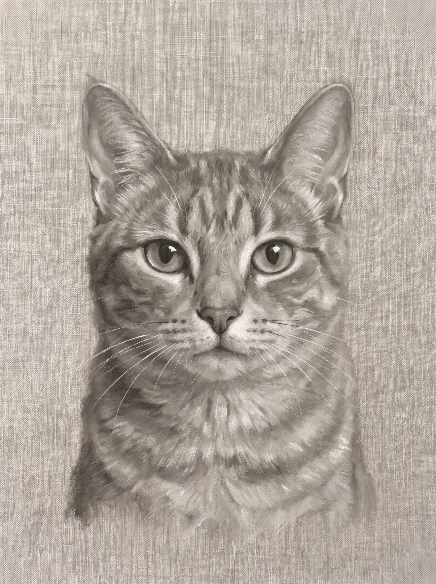 A cat in the Forever Linen memorial style: a near-monochrome portrait on textured linen