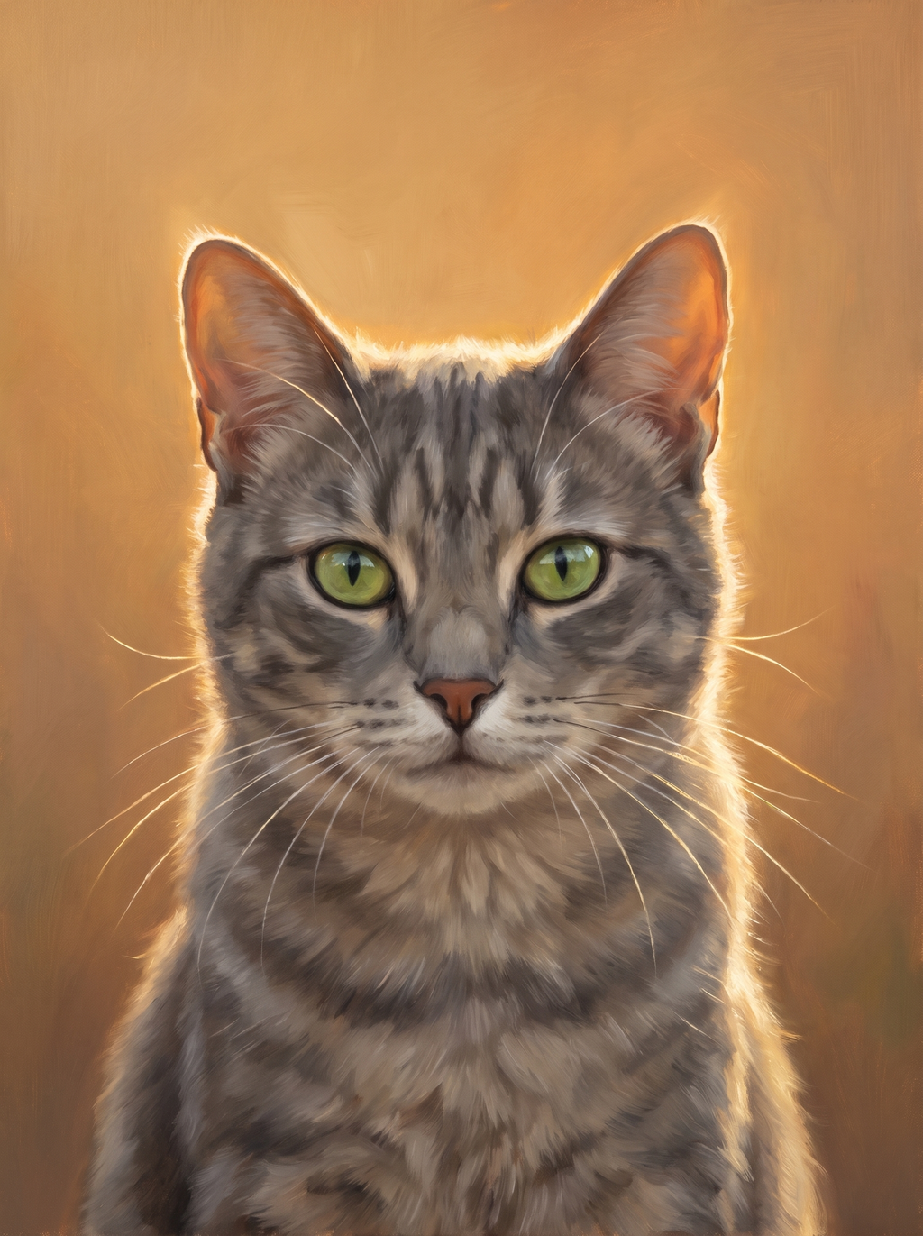 A cat in the Forever Golden Hour memorial style: warm backlight and a soft amber ground