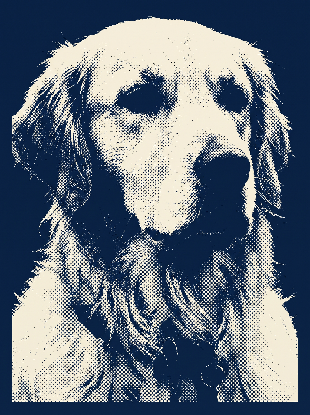 A dog in the Studio Duotone portrait style: a two-colour screen print in navy and bone