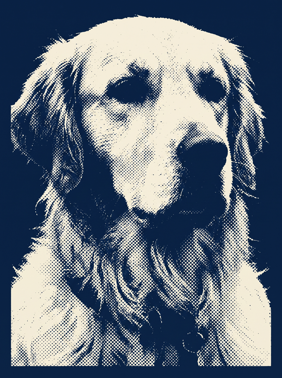A dog in the Studio Duotone portrait style: a two-colour screen print in navy and bone