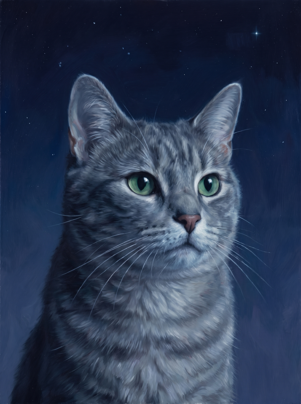 A cat in the Forever Nightfall memorial style: a deep indigo night sky with faint stars