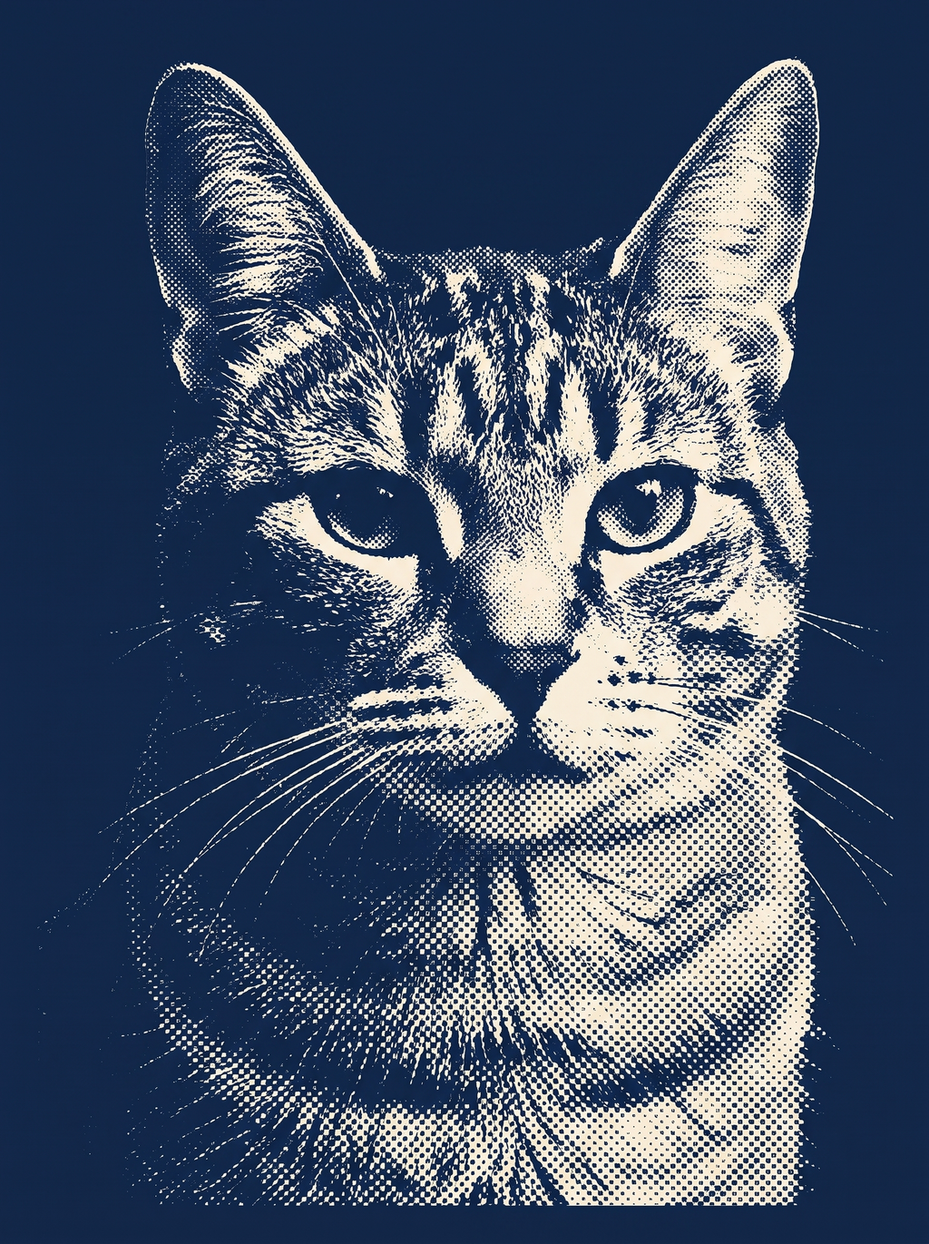 A cat in the Studio Duotone portrait style: a two-colour screen print in navy and bone
