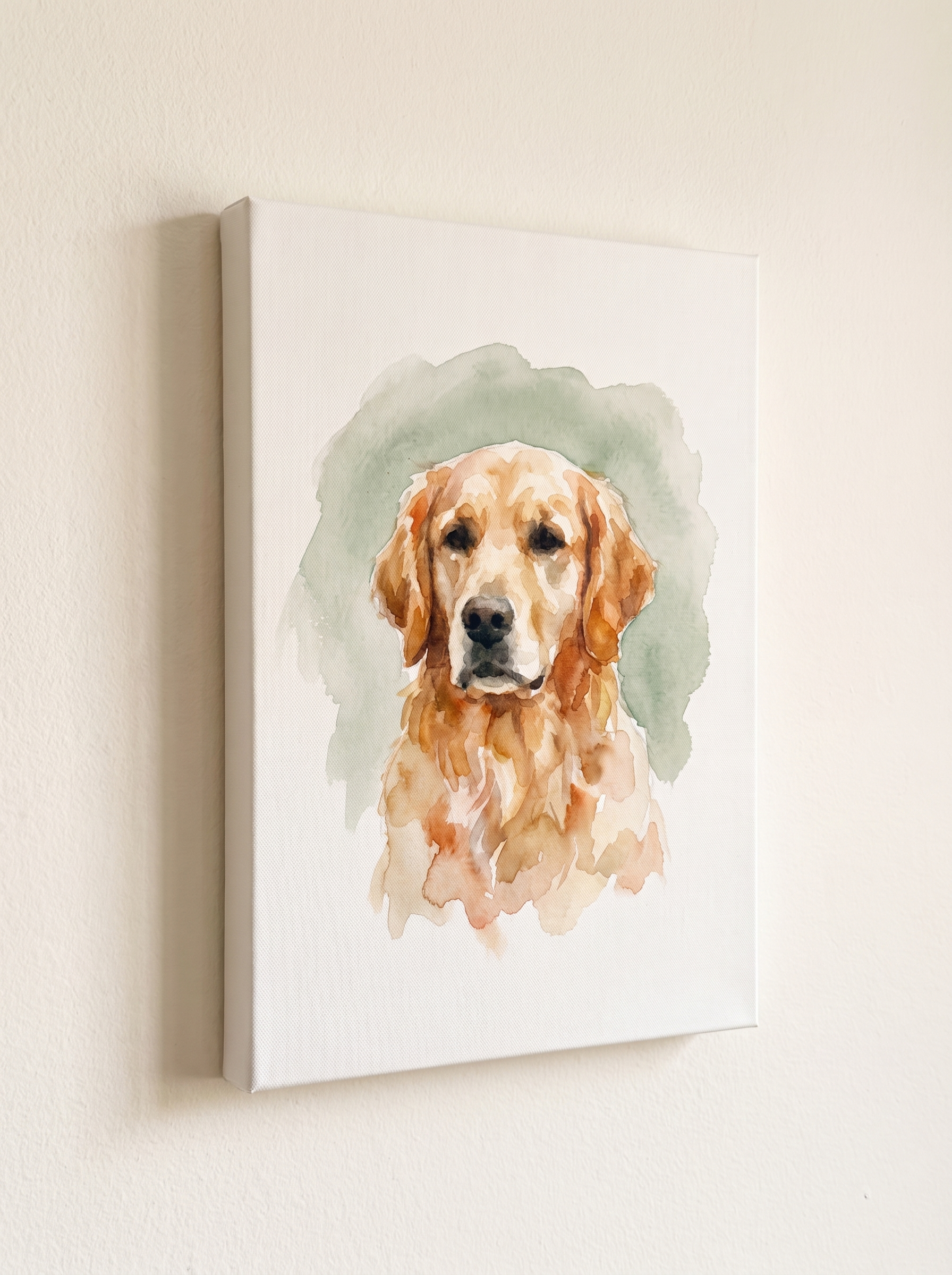 The Studio Watercolor portrait printed on a gallery-wrapped canvas, hanging on a wall