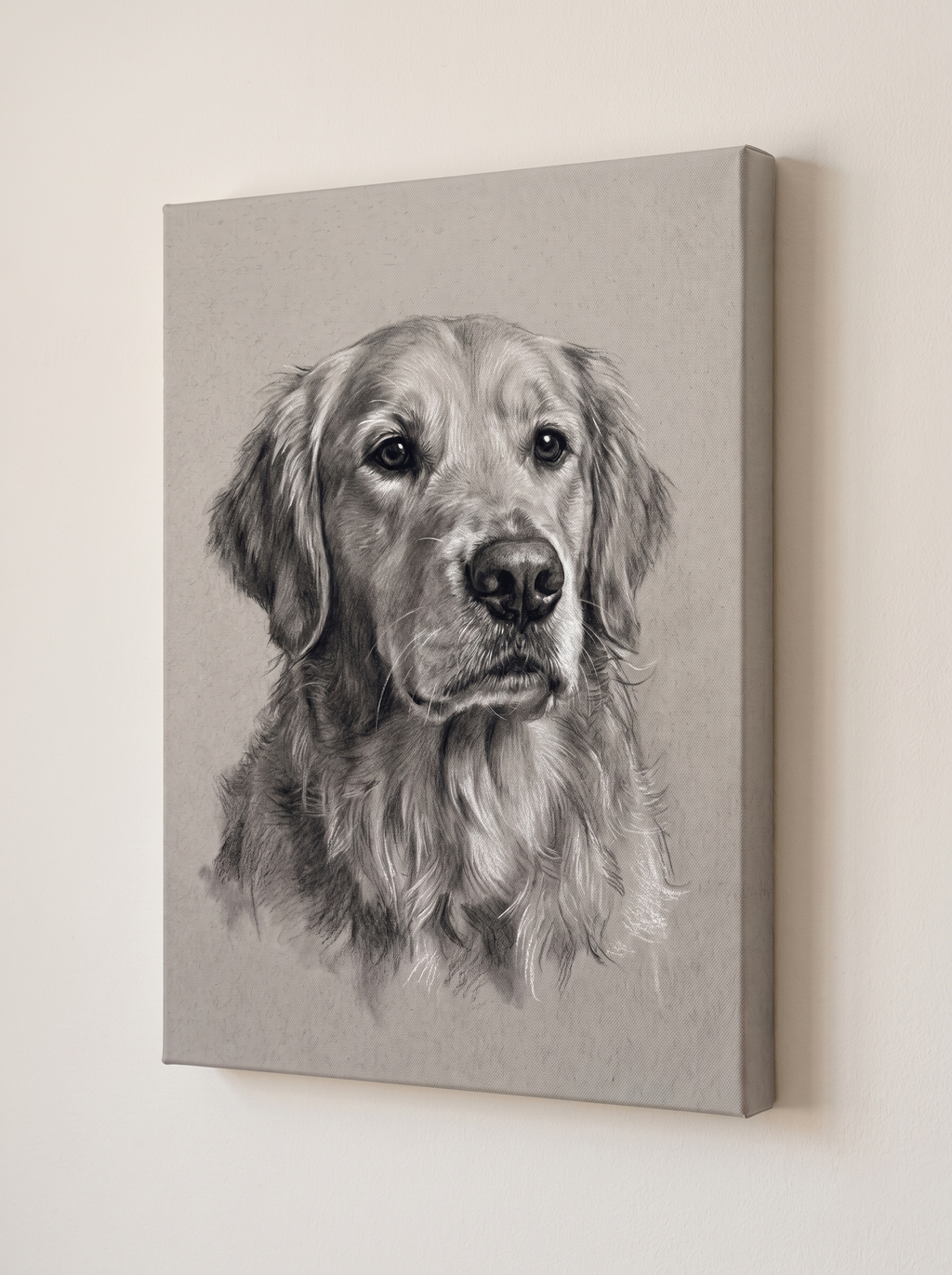 The Studio Charcoal portrait printed on a gallery-wrapped canvas, hanging on a wall