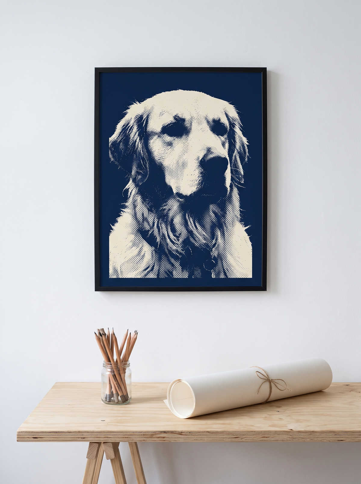 The Studio Duotone portrait framed above a workbench in a studio