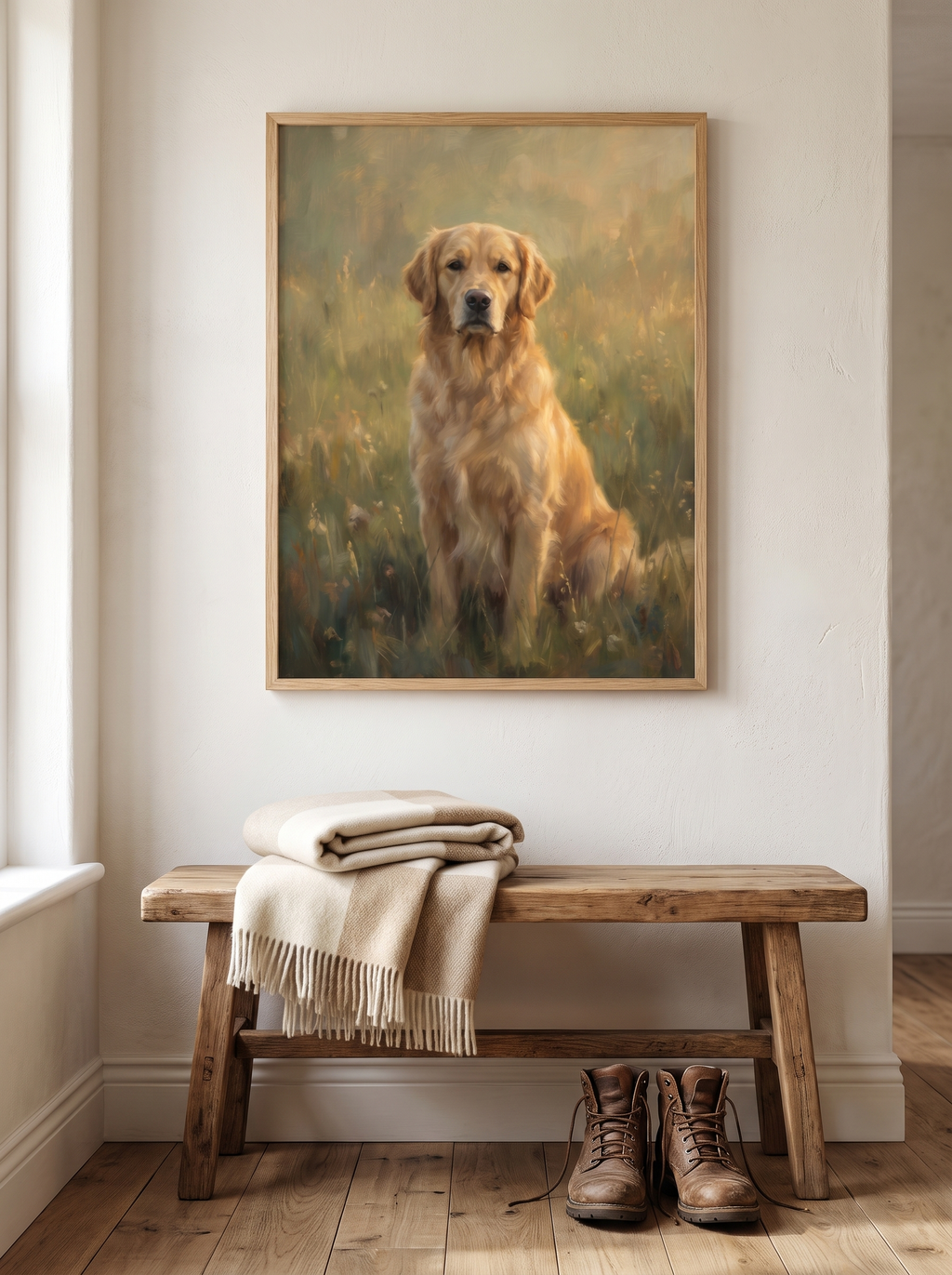The Forever Meadow portrait framed above a bench in an entryway