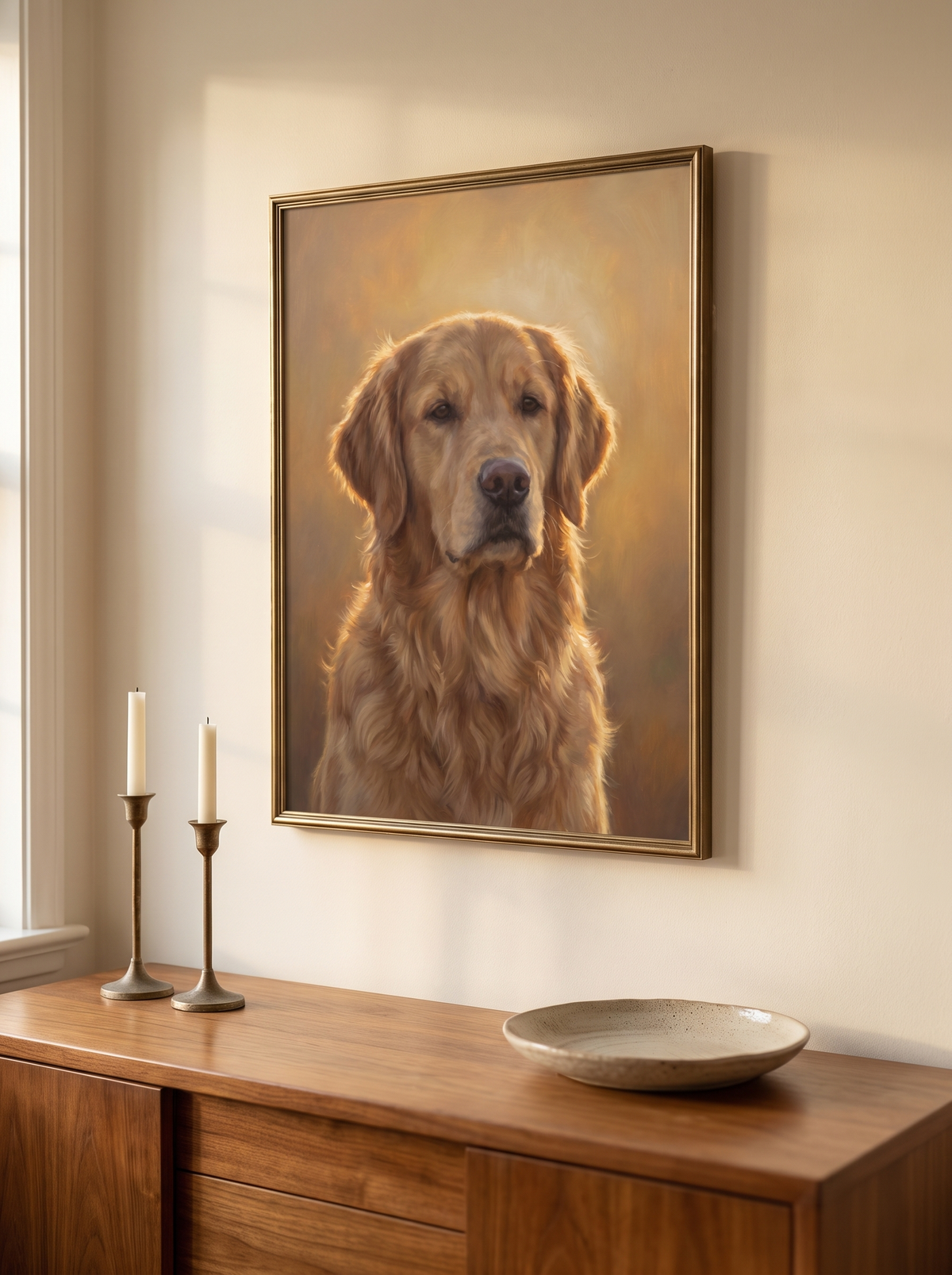 The Forever Golden Hour portrait framed above a dining sideboard in evening light