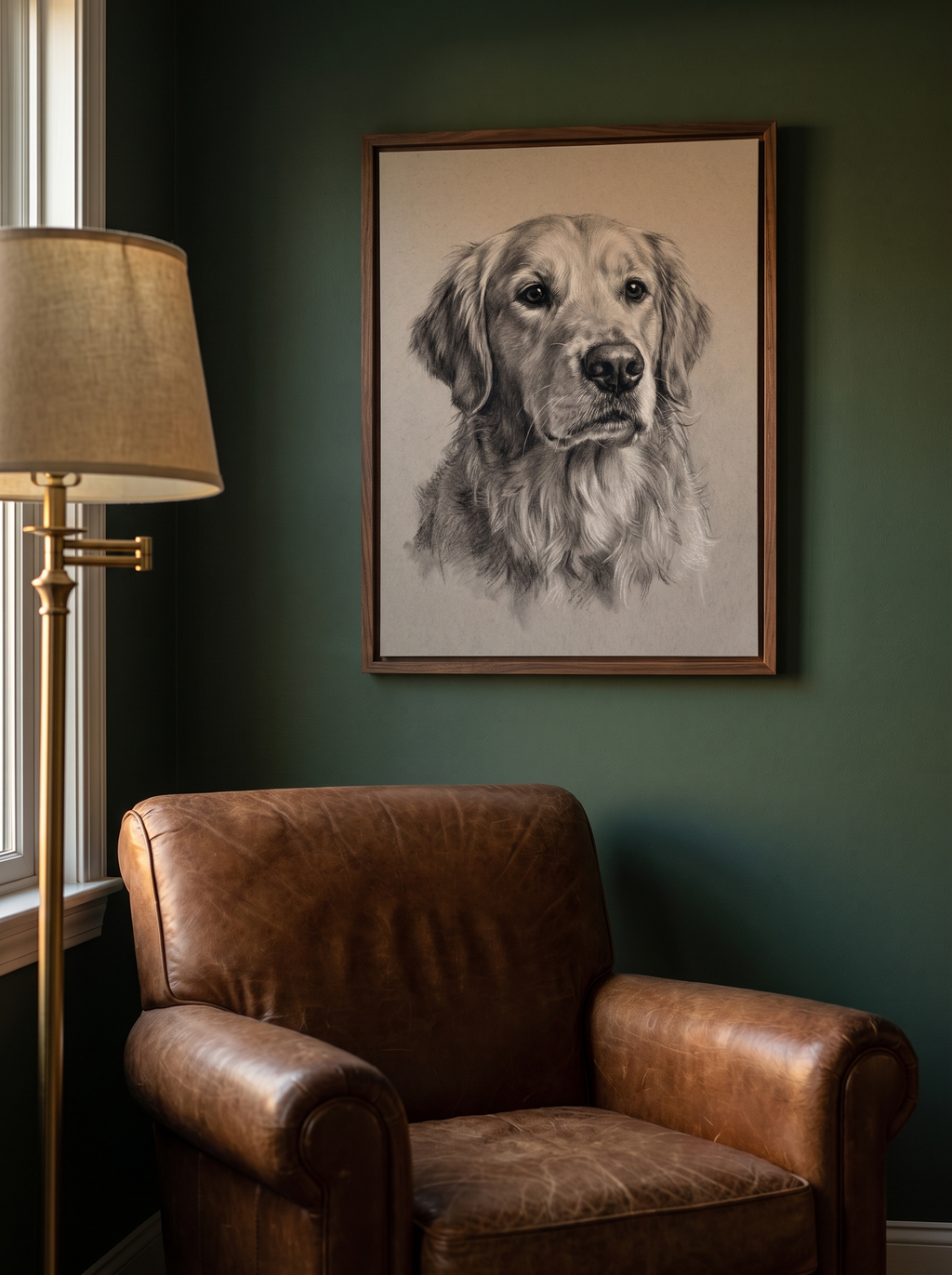 The Studio Charcoal portrait framed above a leather armchair in a dark study