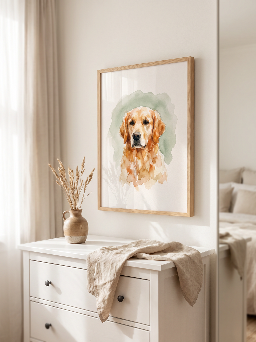 The Studio Watercolor portrait framed above a white dresser in a light bedroom