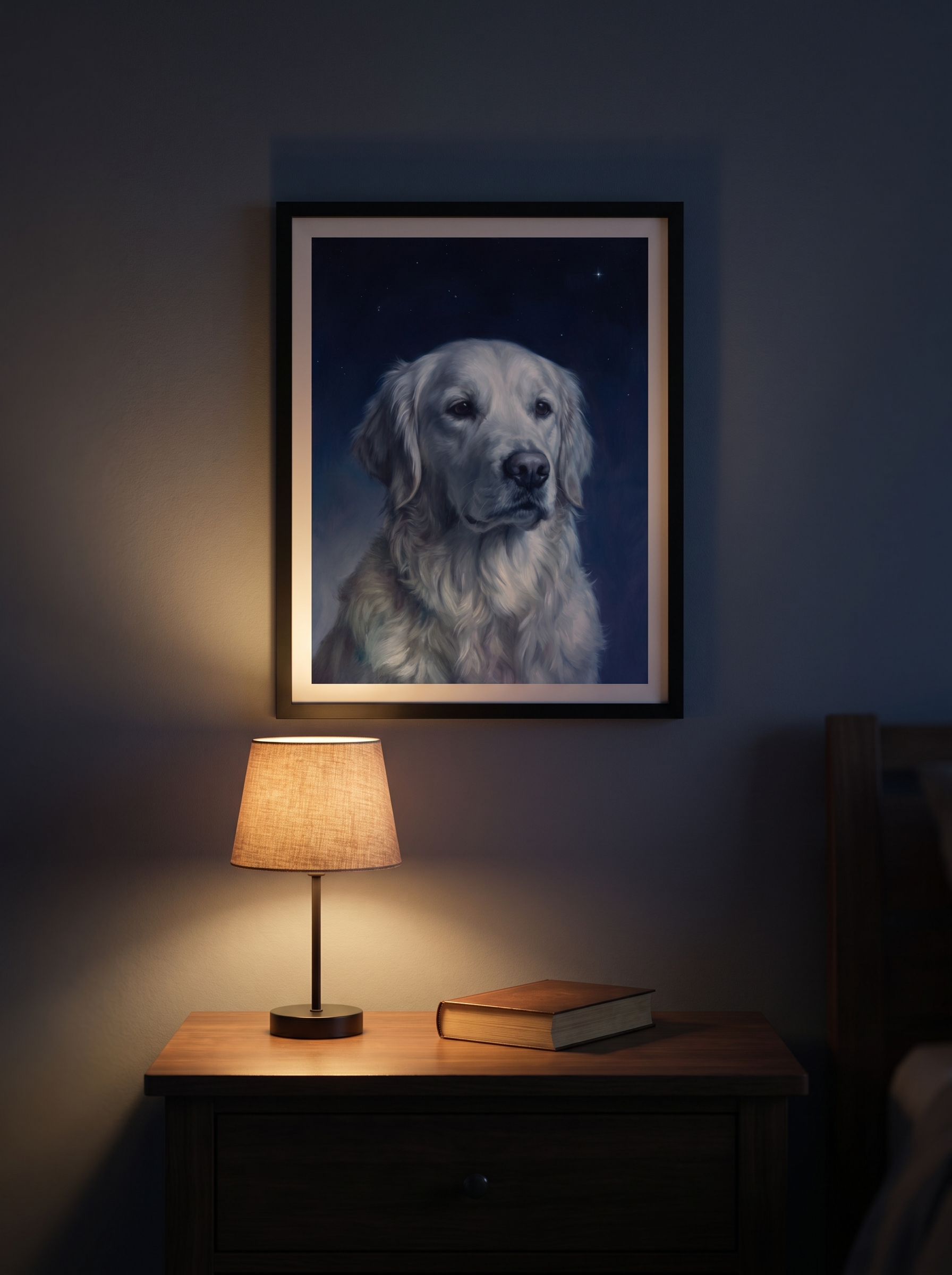 The Forever Nightfall portrait framed above a bedside table at night