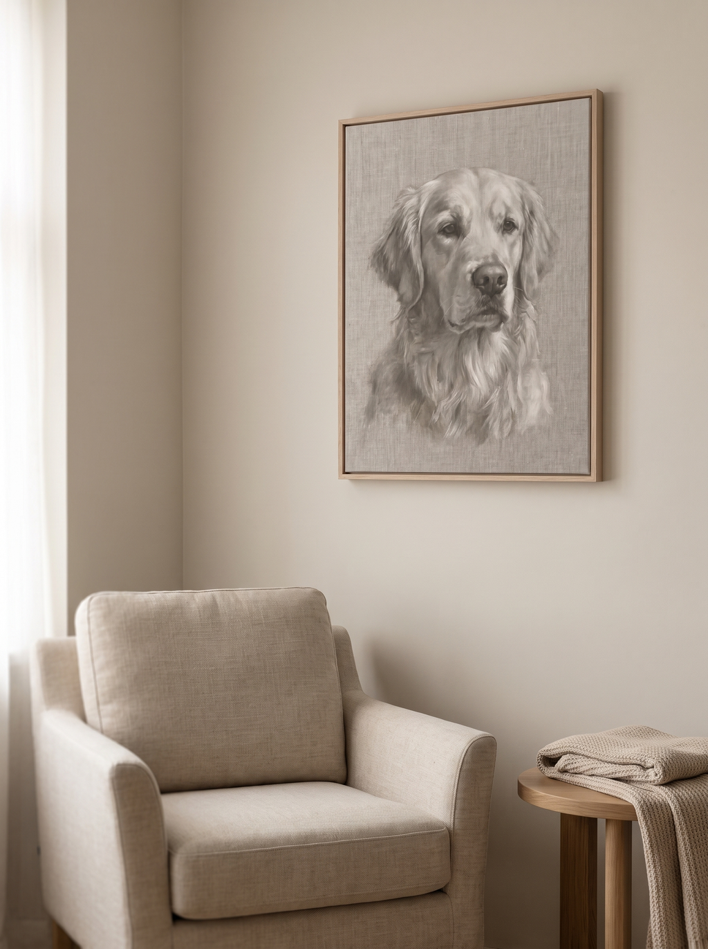 The Forever Linen portrait framed above a linen armchair in a quiet corner