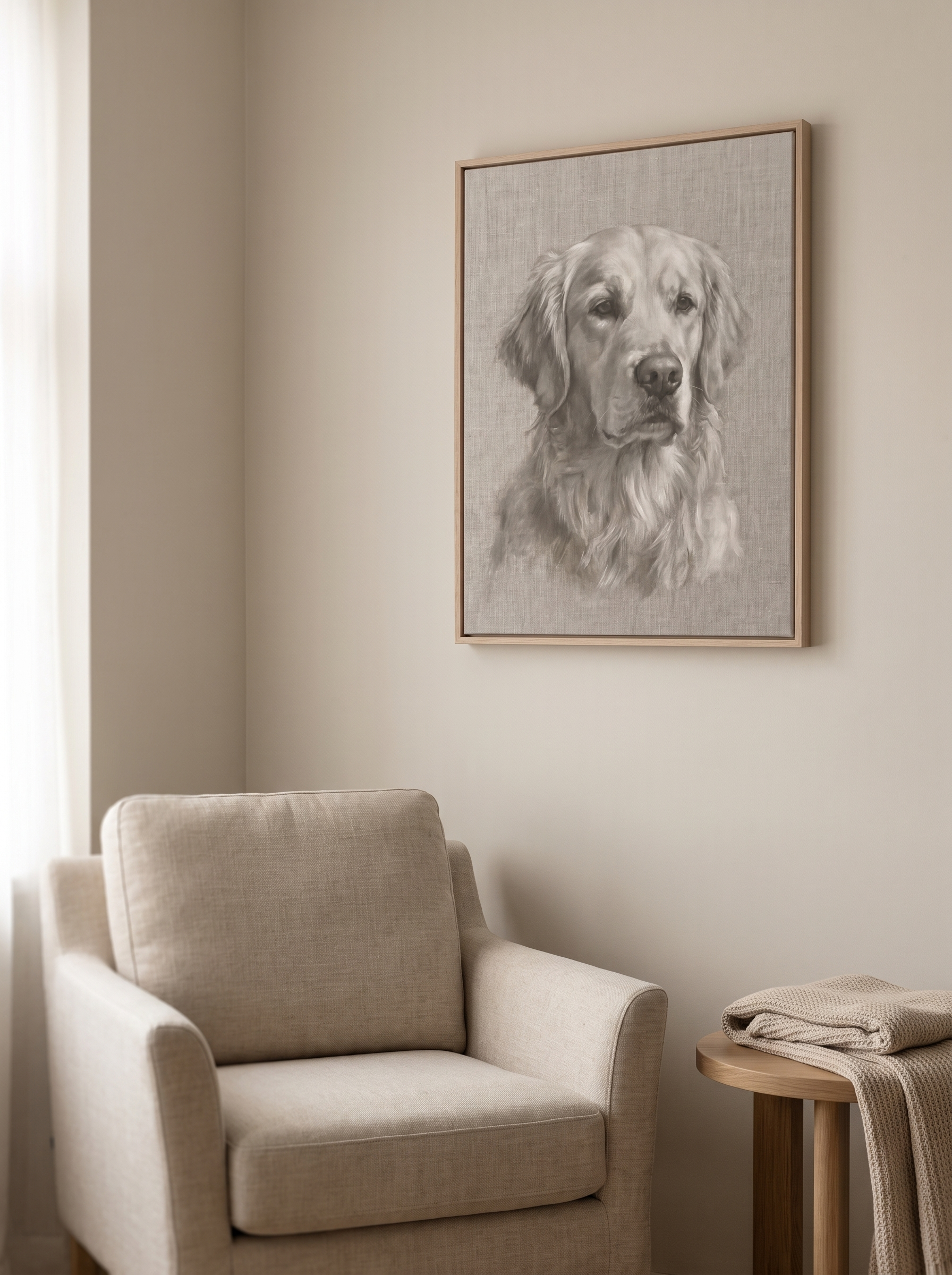 The Forever Linen portrait framed above a linen armchair in a quiet corner