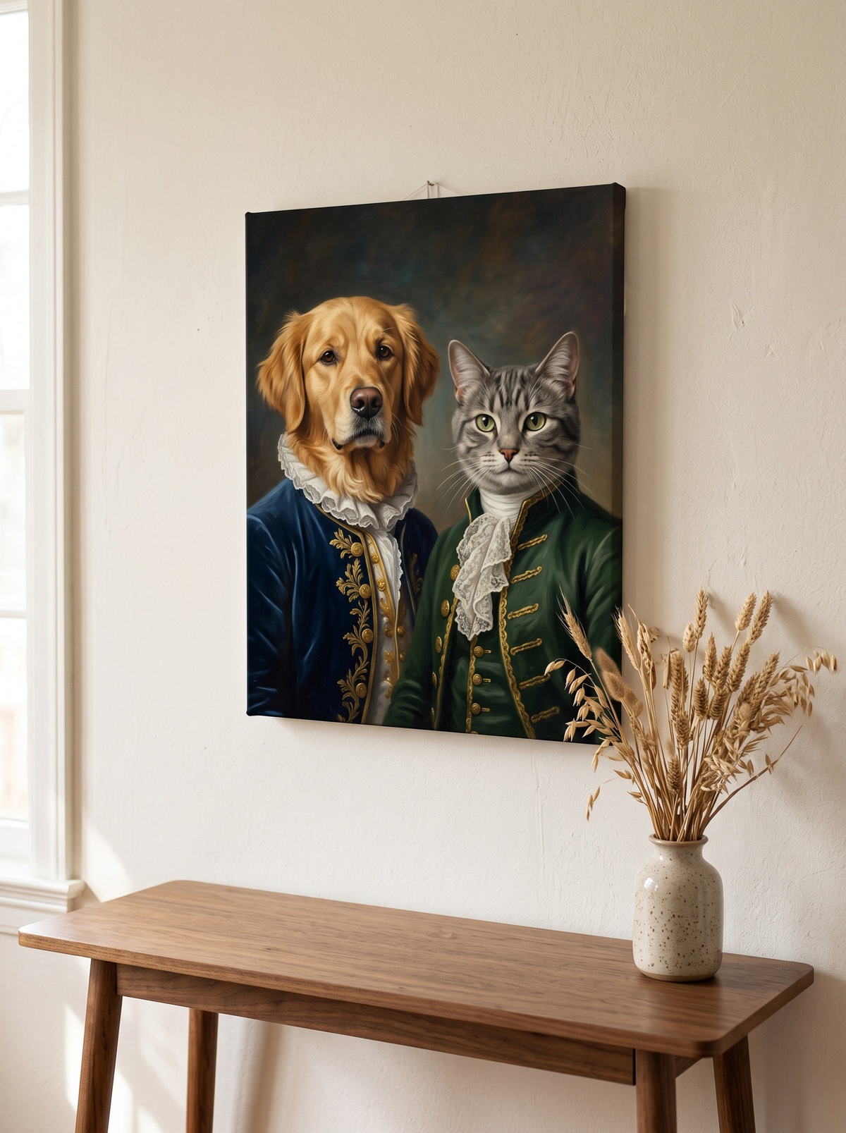 A two-pet portrait on canvas hanging above a console table