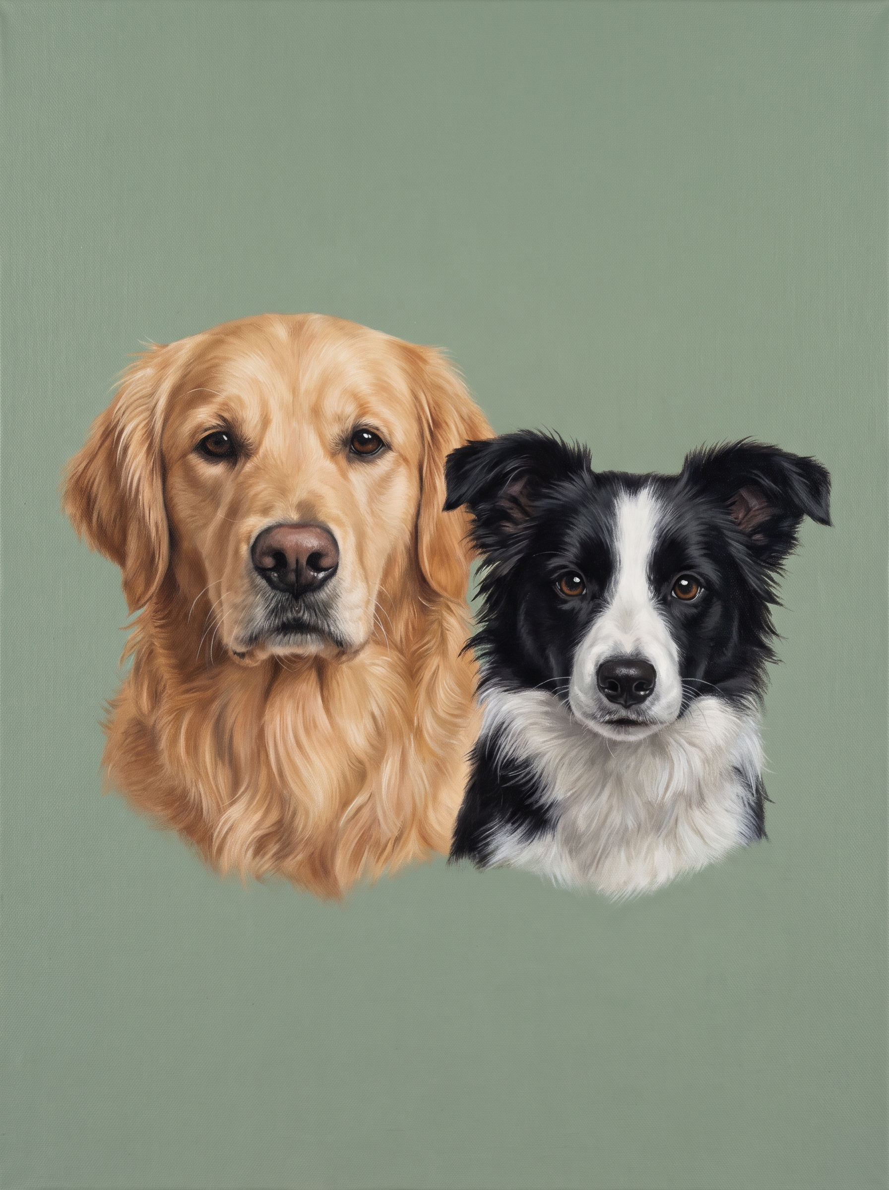 Two dogs together in one Studio portrait on a sage background