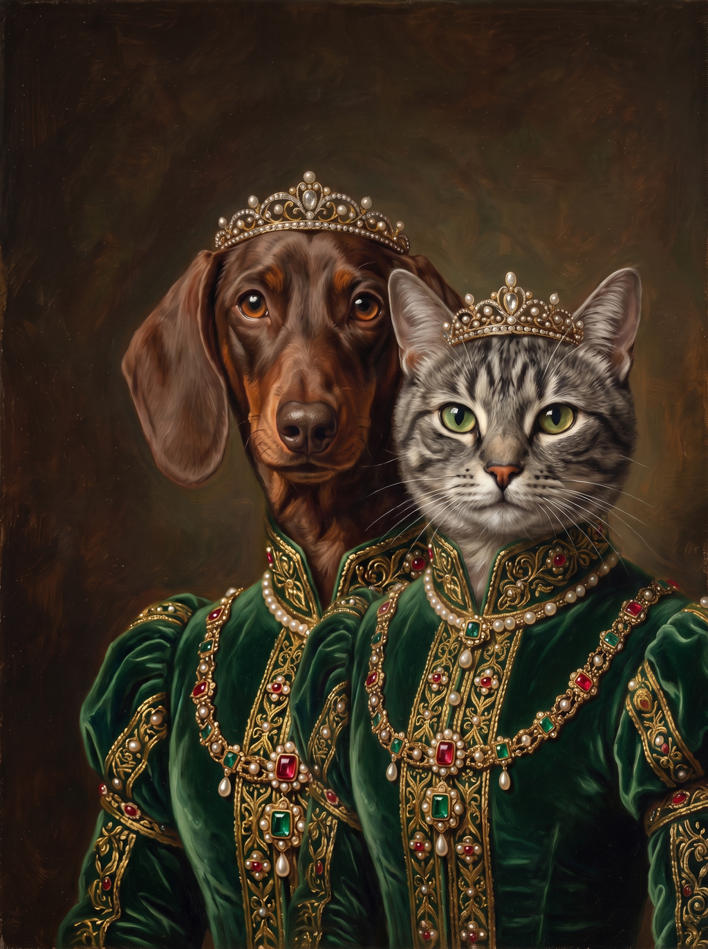 Two pets in one Countess portrait: a dog and a cat side by side in the emerald gown