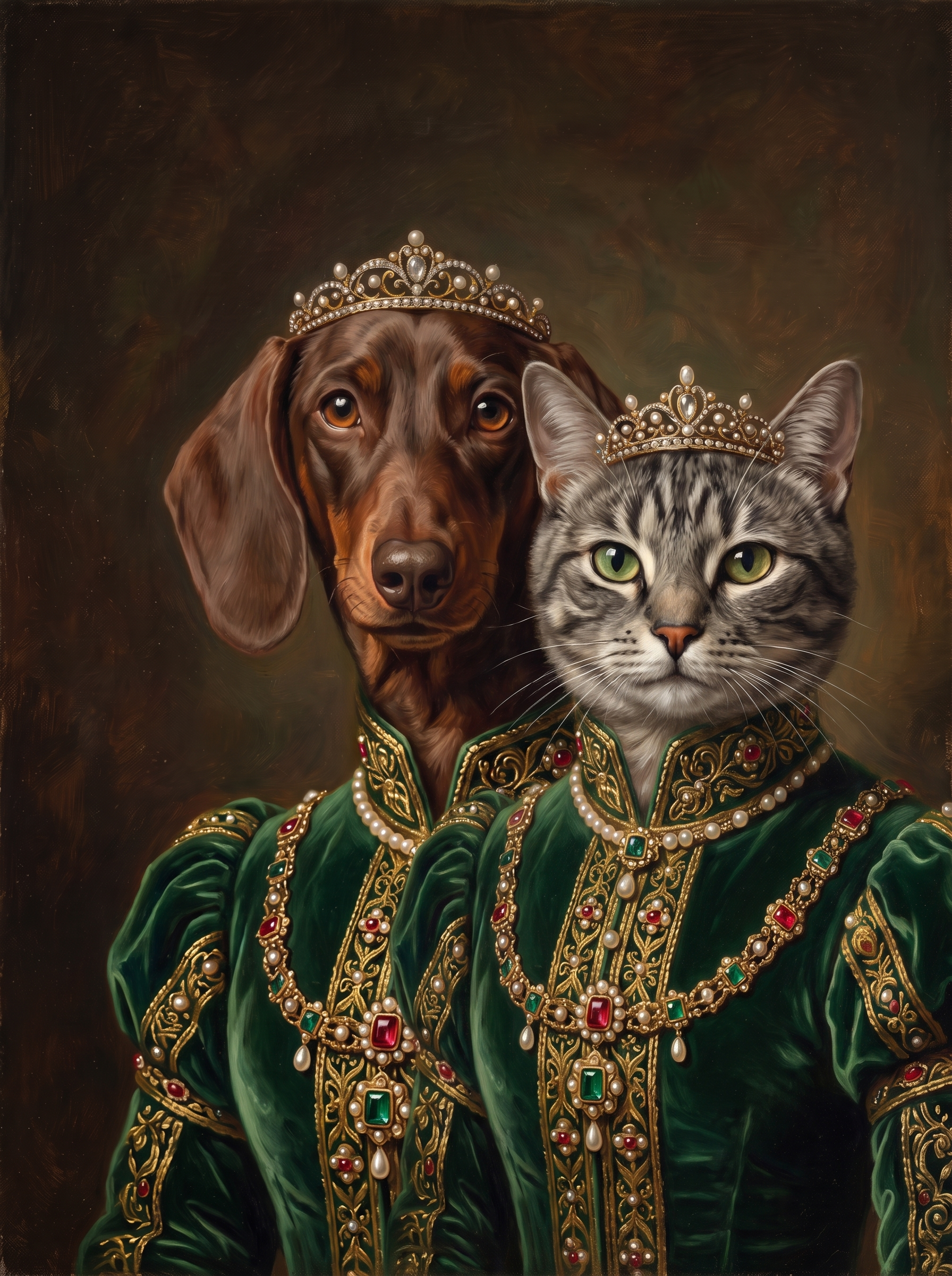 Two pets in one Countess portrait: a dog and a cat side by side in the emerald gown